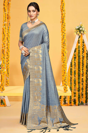 Classic Grey Floral & Paisley Design Weaving Assam Silk Blend Saree With Tassel Pallu