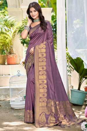 Wine Assam Silk Blend Saree With Intricate Zari Floral & Paisley Weaving & Tassel Pallu
