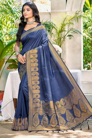 Navy Blue Assam Silk Blend Saree With Intricate Zari Floral & Paisley Weaving & Tassel Pallu