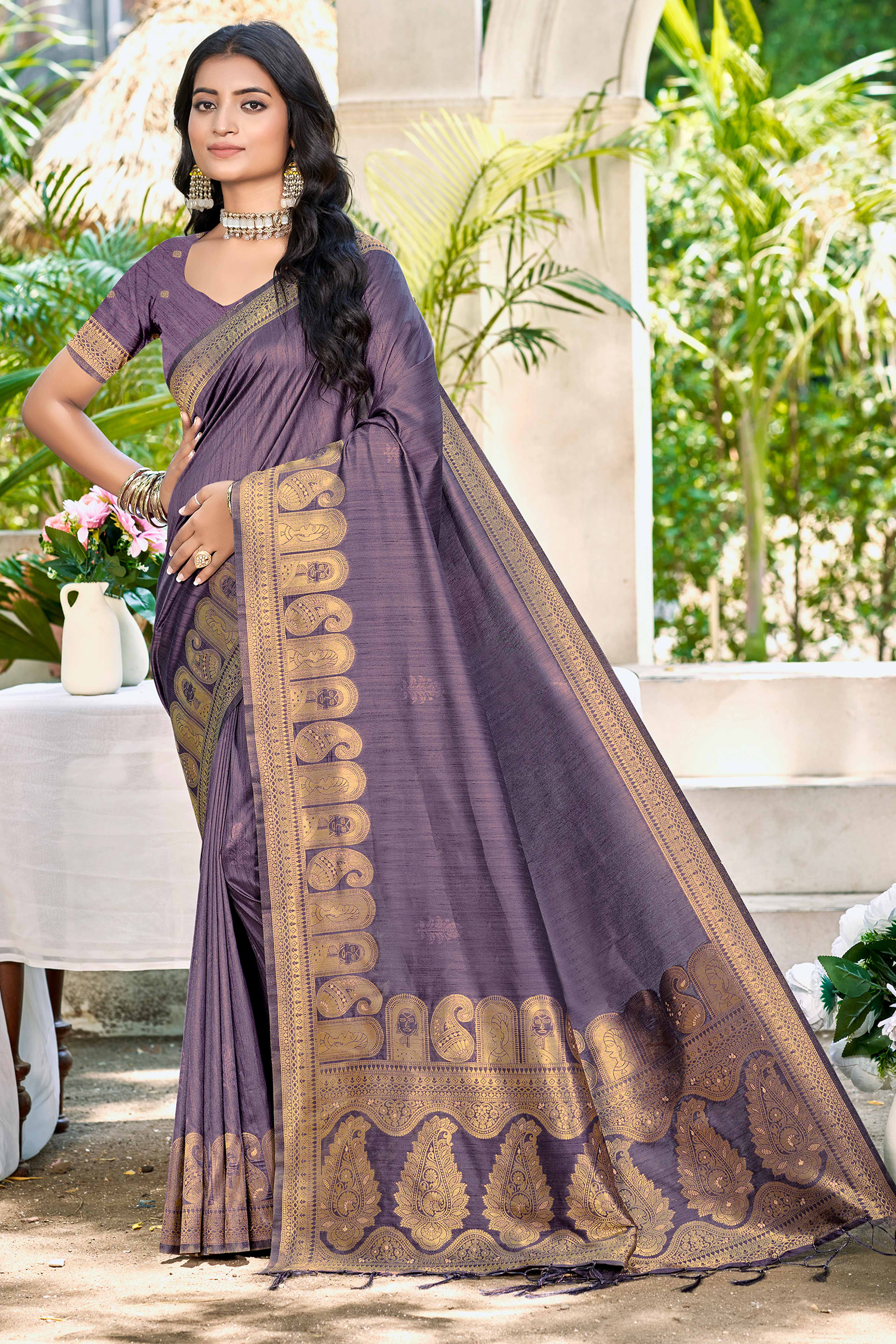 Purple Assam Silk Blend Saree With Intricate Zari Floral & Paisley Weaving & Tassel Pallu