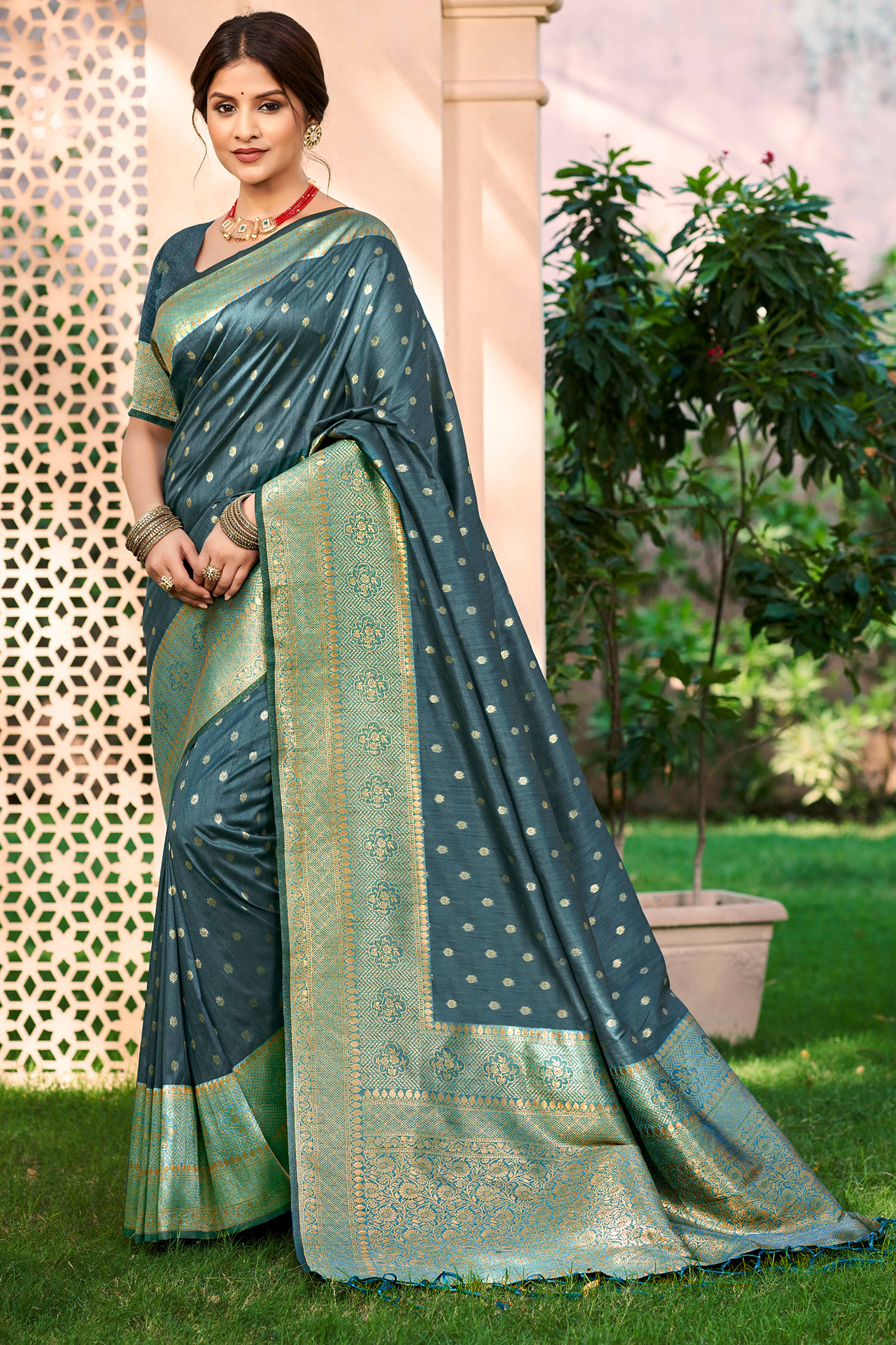 Dark Turquoise Assam Silk Blend Saree Adorned With Timeless Floral Zari Weaving