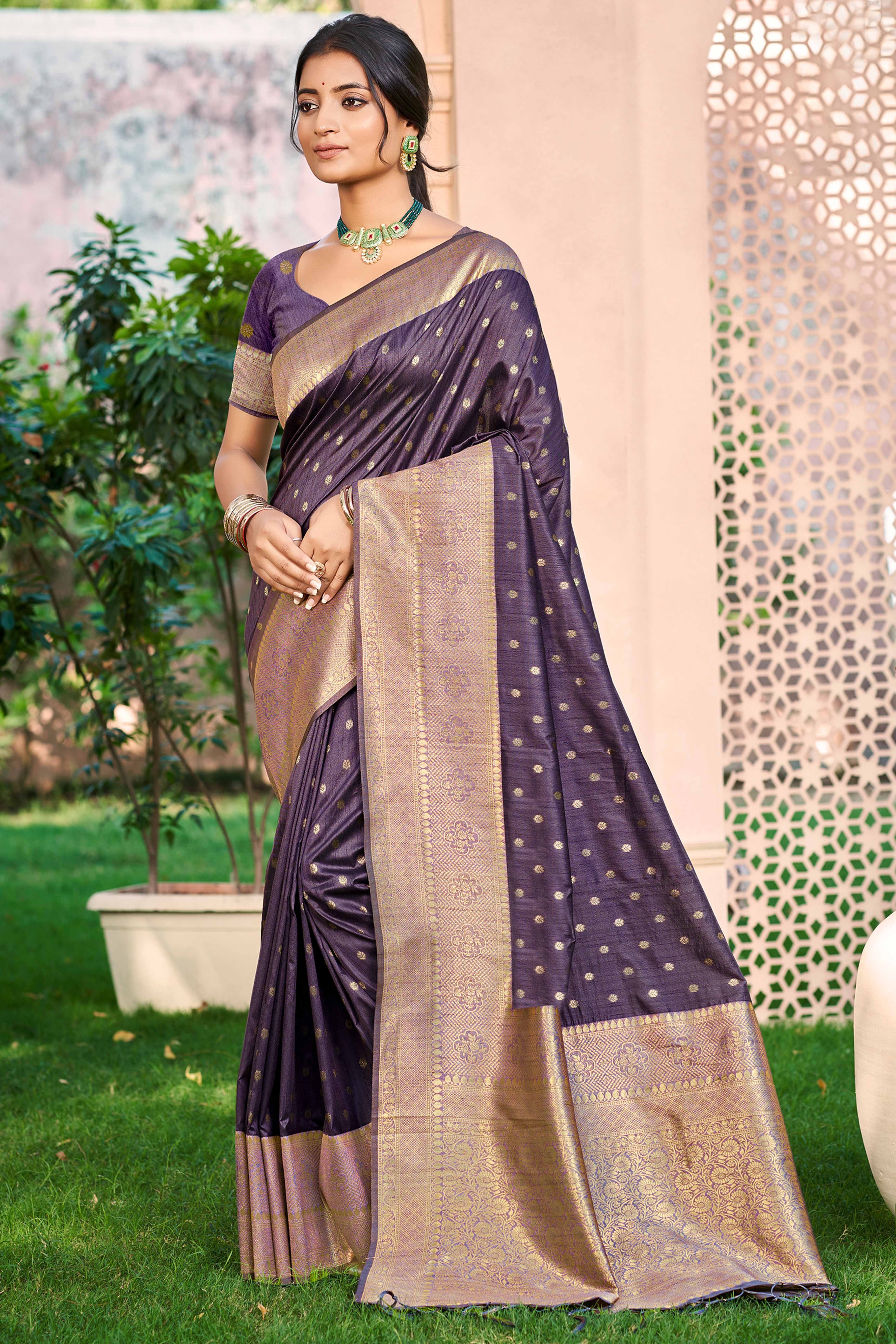 Dark Purple Assam Silk Blend Saree Adorned With Timeless Floral Zari Weaving
