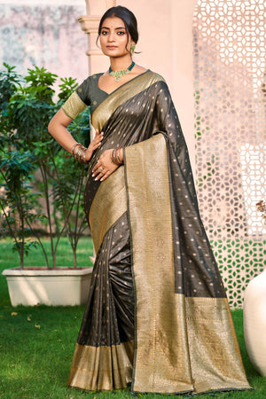 Grey Assam Silk Blend Saree Adorned With Timeless Floral Zari Weaving
