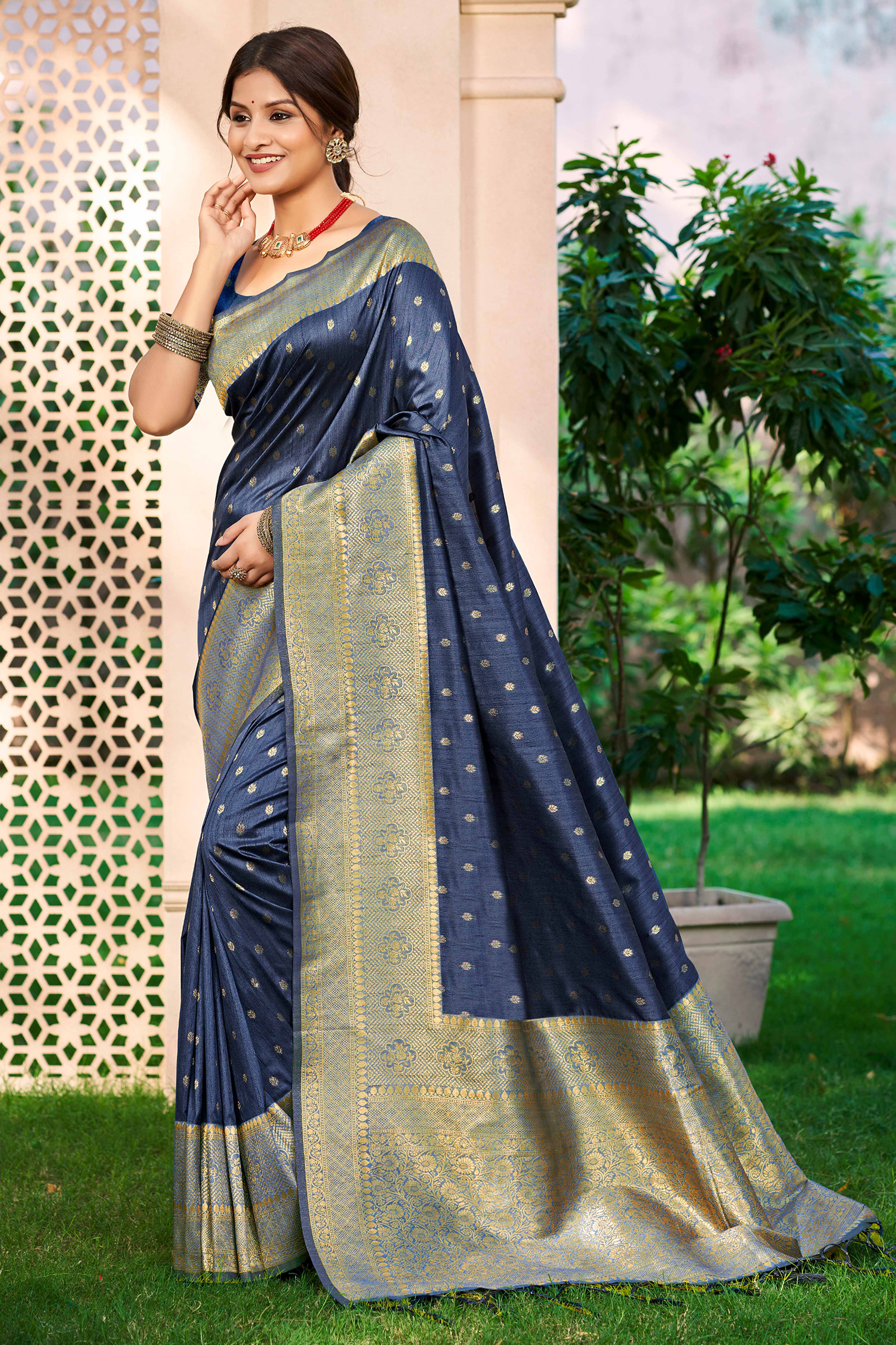 Navy Blue Assam Silk Blend Saree Adorned With Timeless Floral Zari Weaving