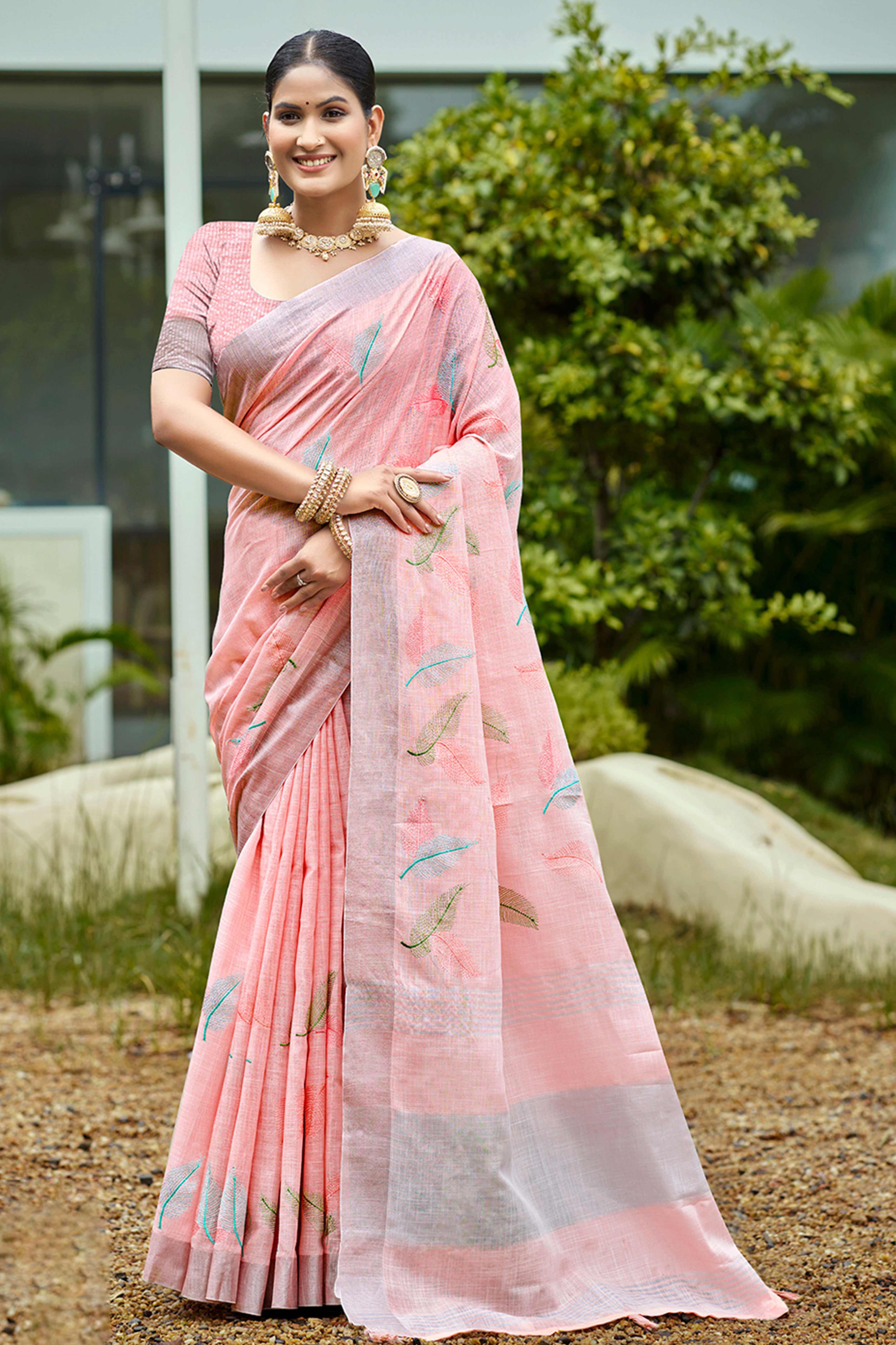 Exquisite Light Pink Leaf Motif Thread Embroidered Linen Saree With Elegant Weaving Border