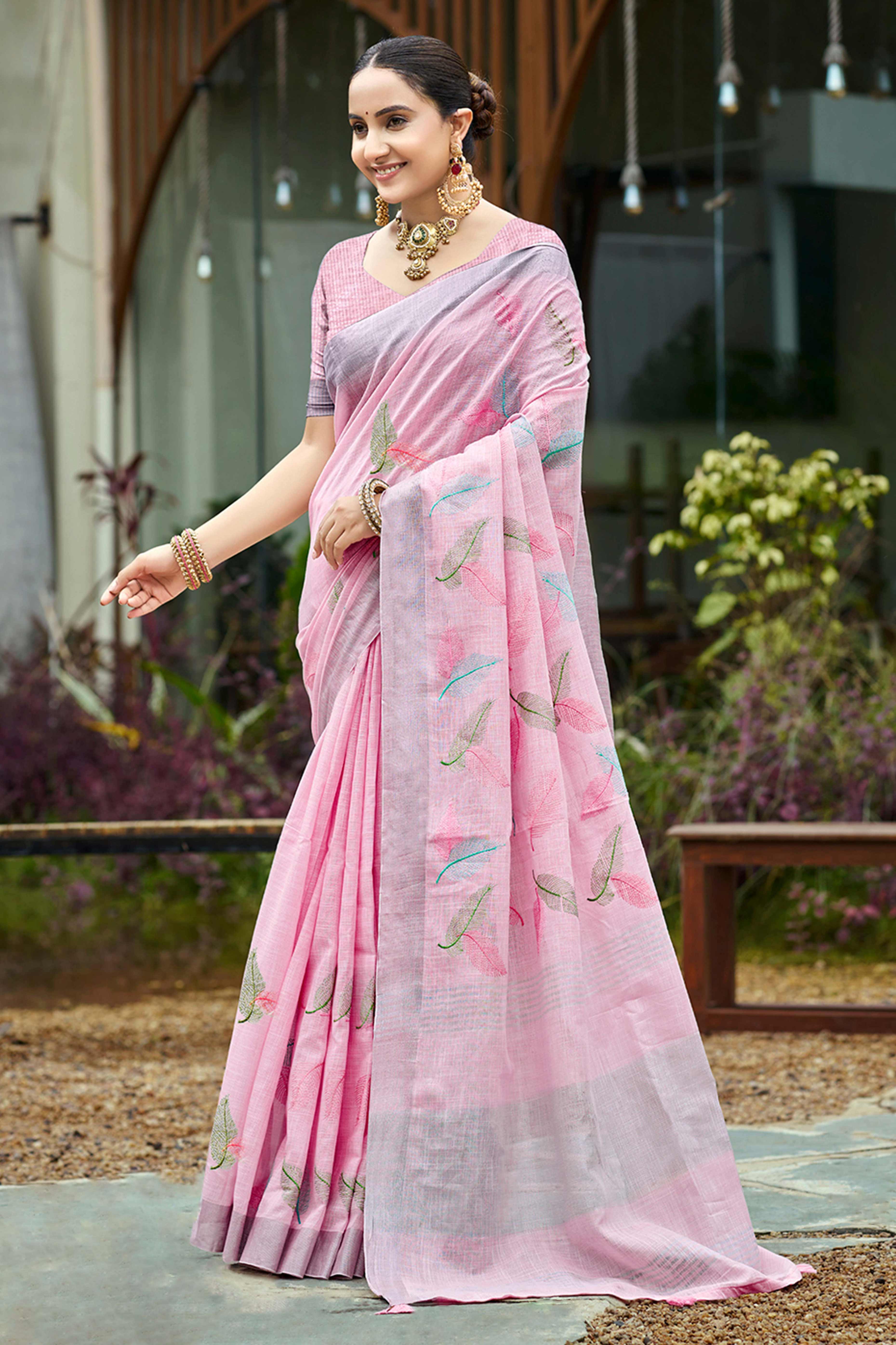 Exquisite Pink Leaf Motif Thread Embroidered Linen Saree With Elegant Weaving Border