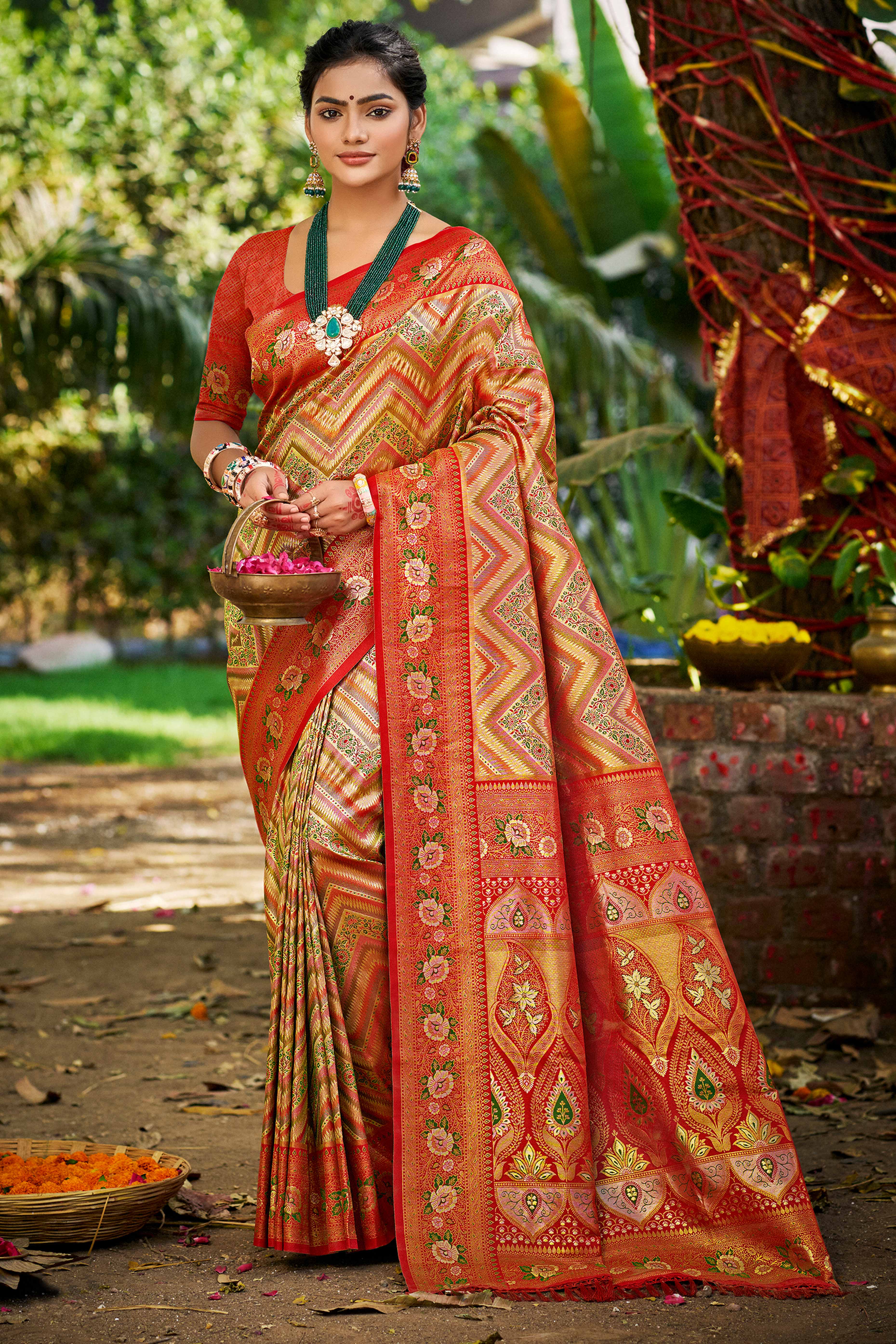 Red Silk Blend Dharmavaram Saree Featuring Floral & Zig Zag Woven Patterns With Tassel Finish
