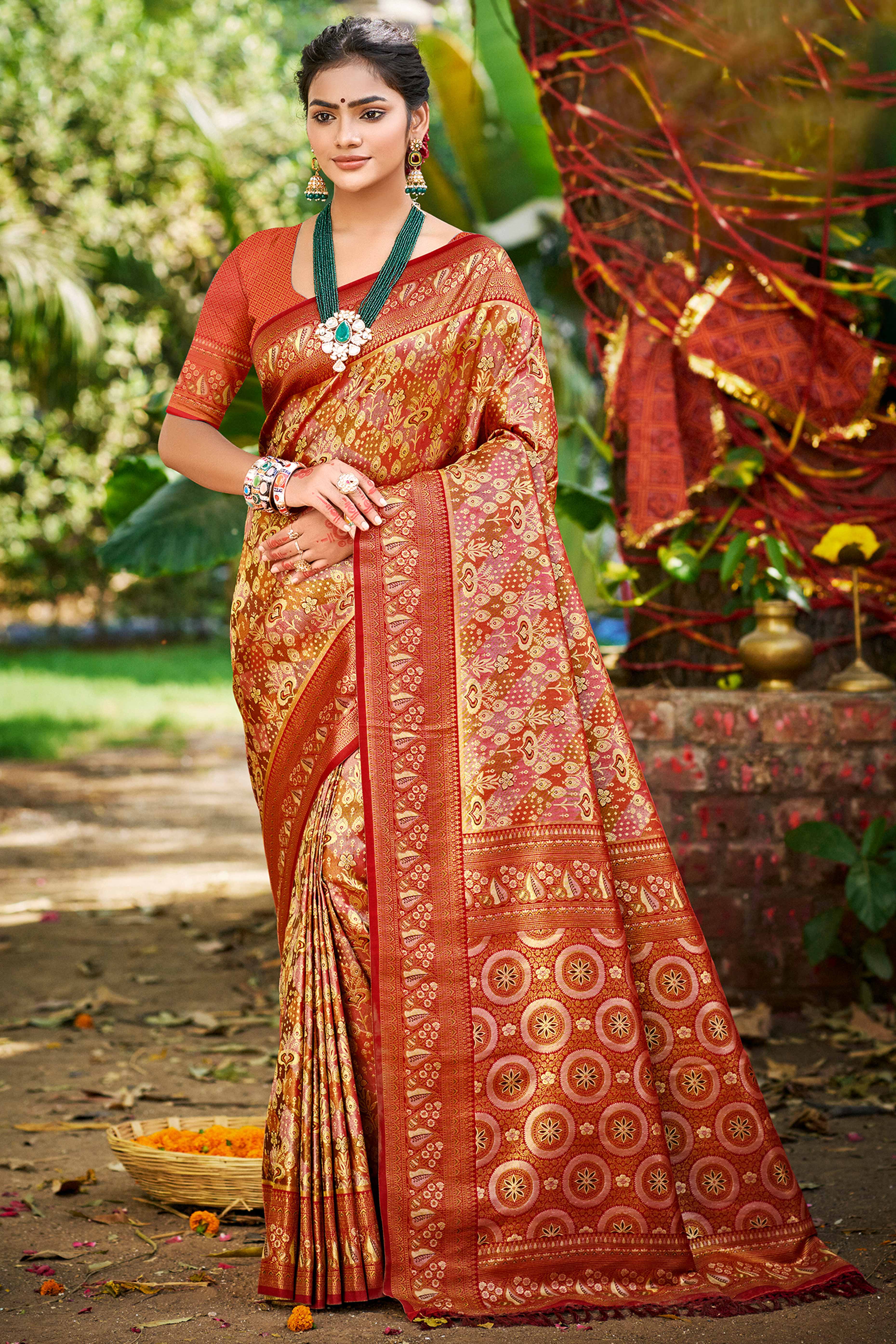 Maroon Floral Weaving Silk Blend Dharmavaram Saree Accented With Tassel Pallu