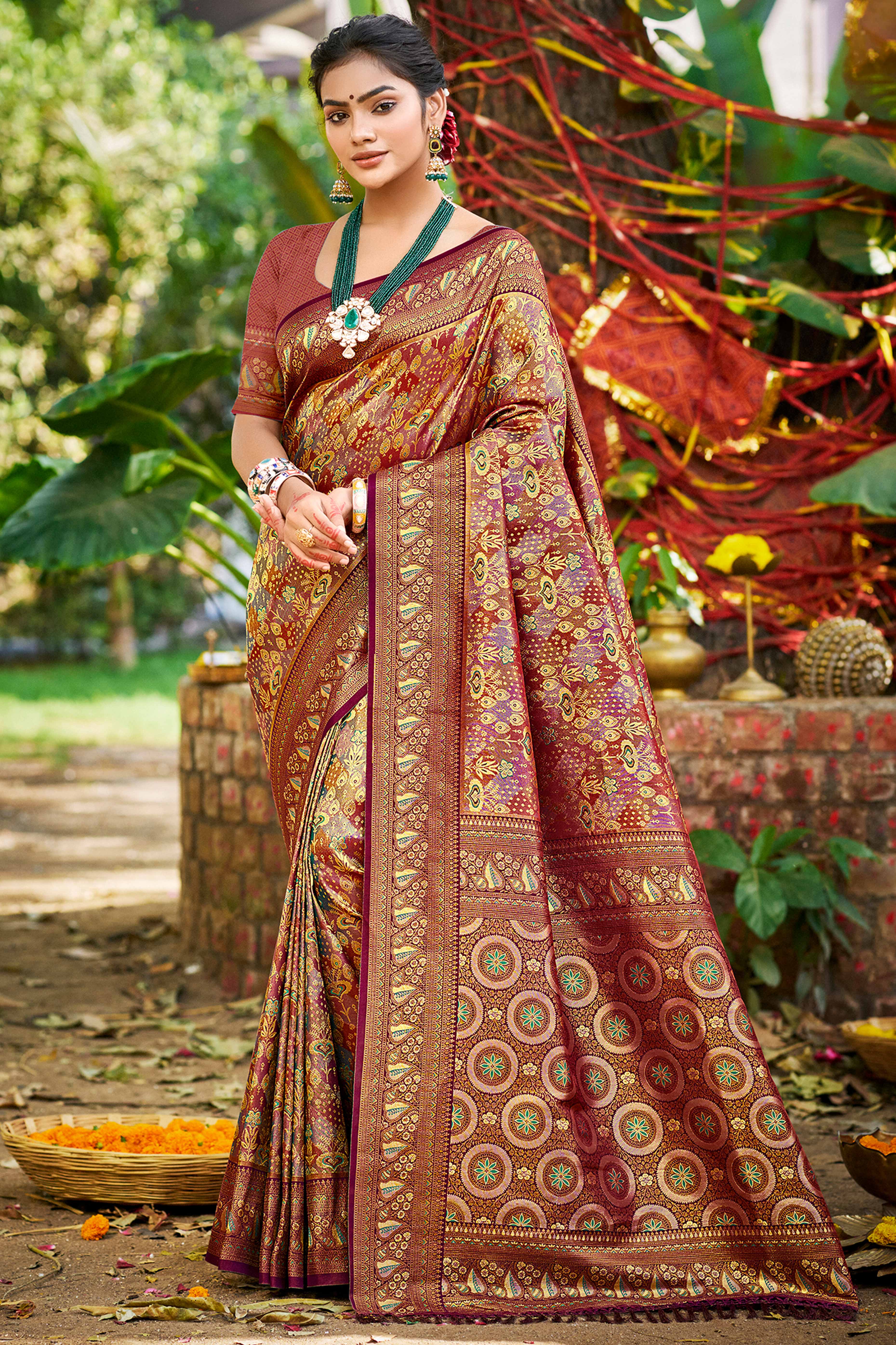 Wine Floral Weaving Silk Blend Dharmavaram Saree Accented With Tassel Pallu