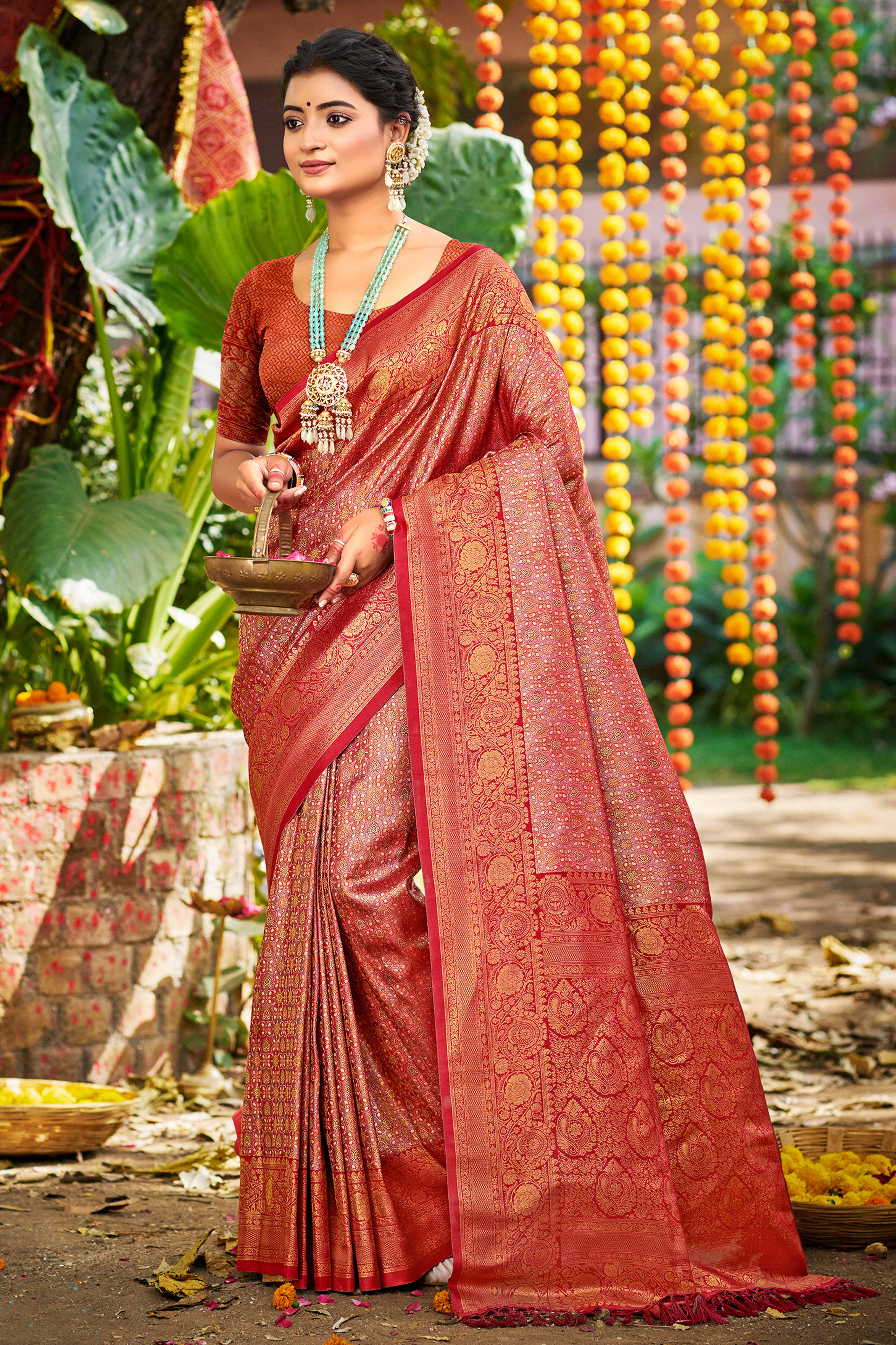 Pink Traditional Silk Blend Dharmavaram Saree With Floral Weaves & Tassels Pallu