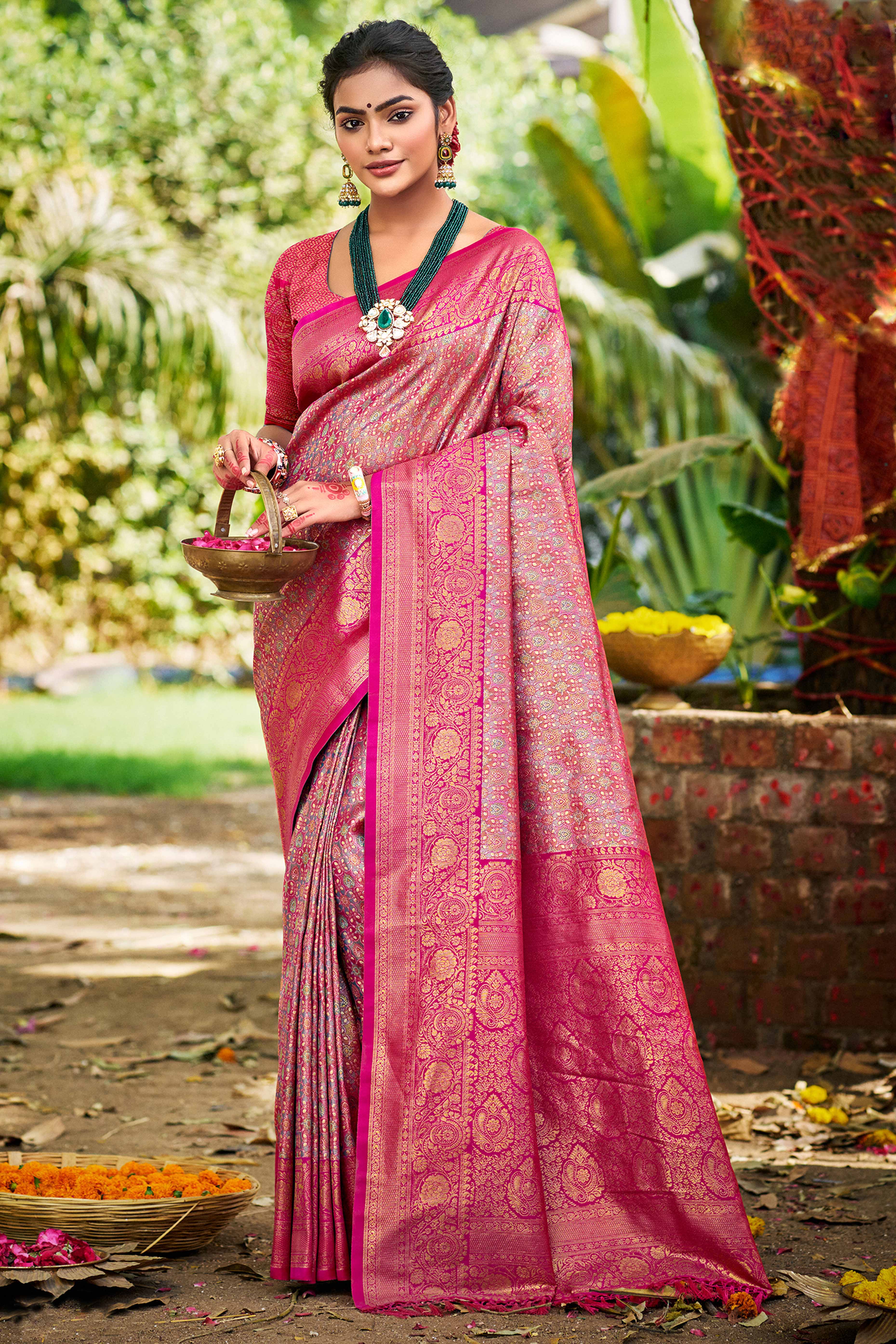 Magenta Traditional Silk Blend Dharmavaram Saree With Floral Weaves & Tassels Pallu
