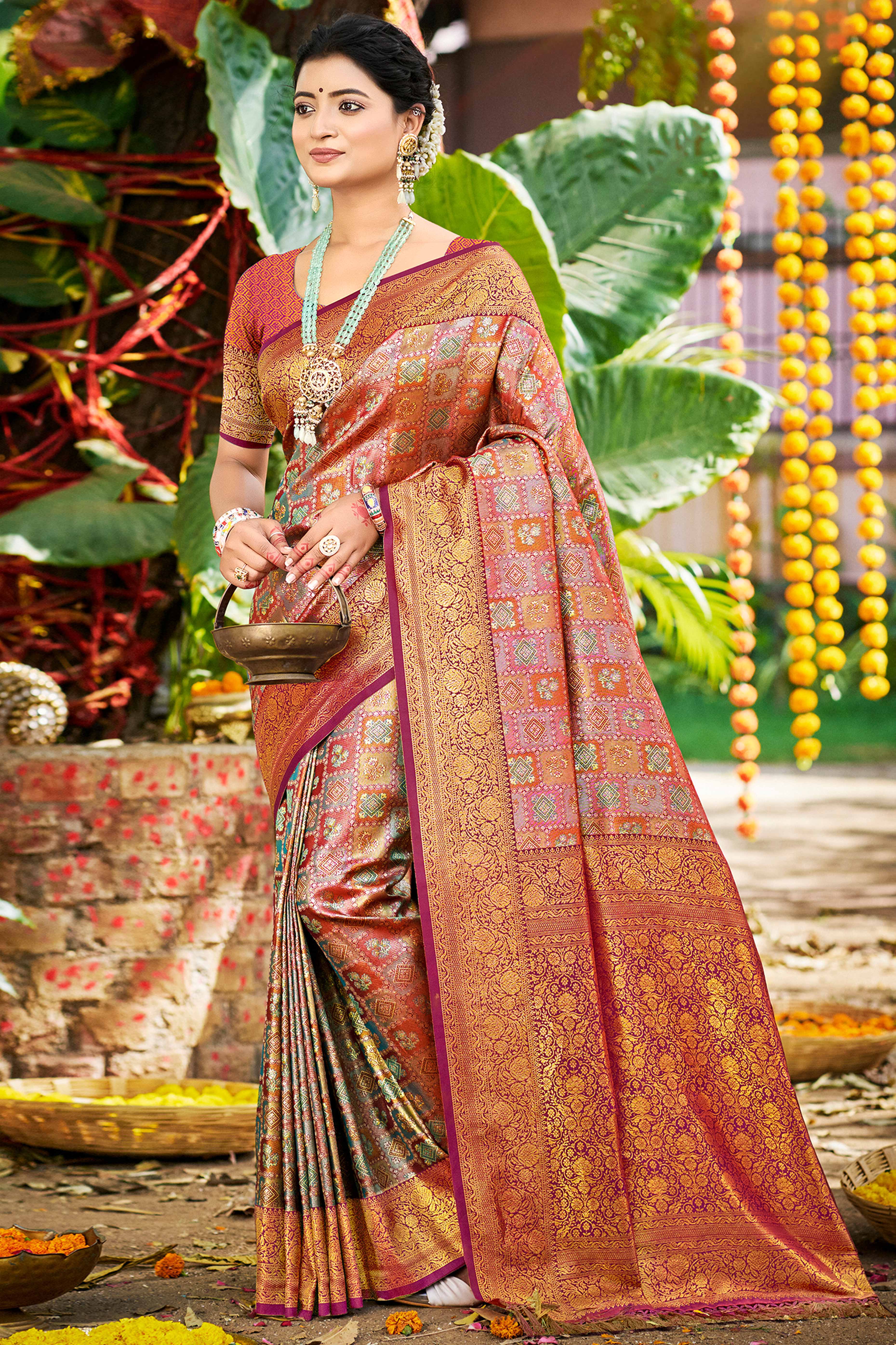 Purple Silk Blend Dharmavaram Saree Featuring Ornate Floral Weaves & Tassels Pallu
