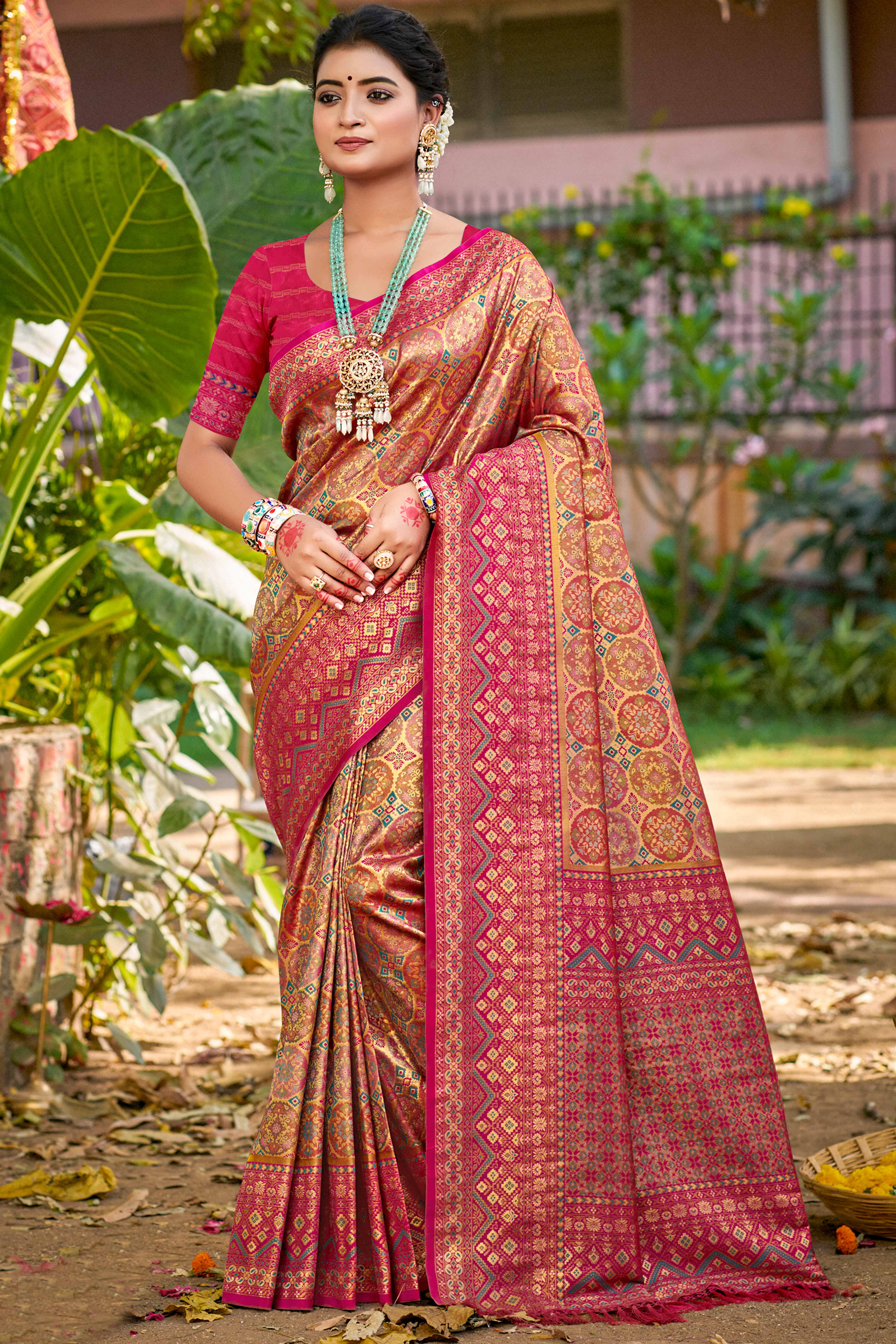 Floral Patterned Beige & Pink Woven Silk Blend Dharmavaram Saree With Tassel Elegance