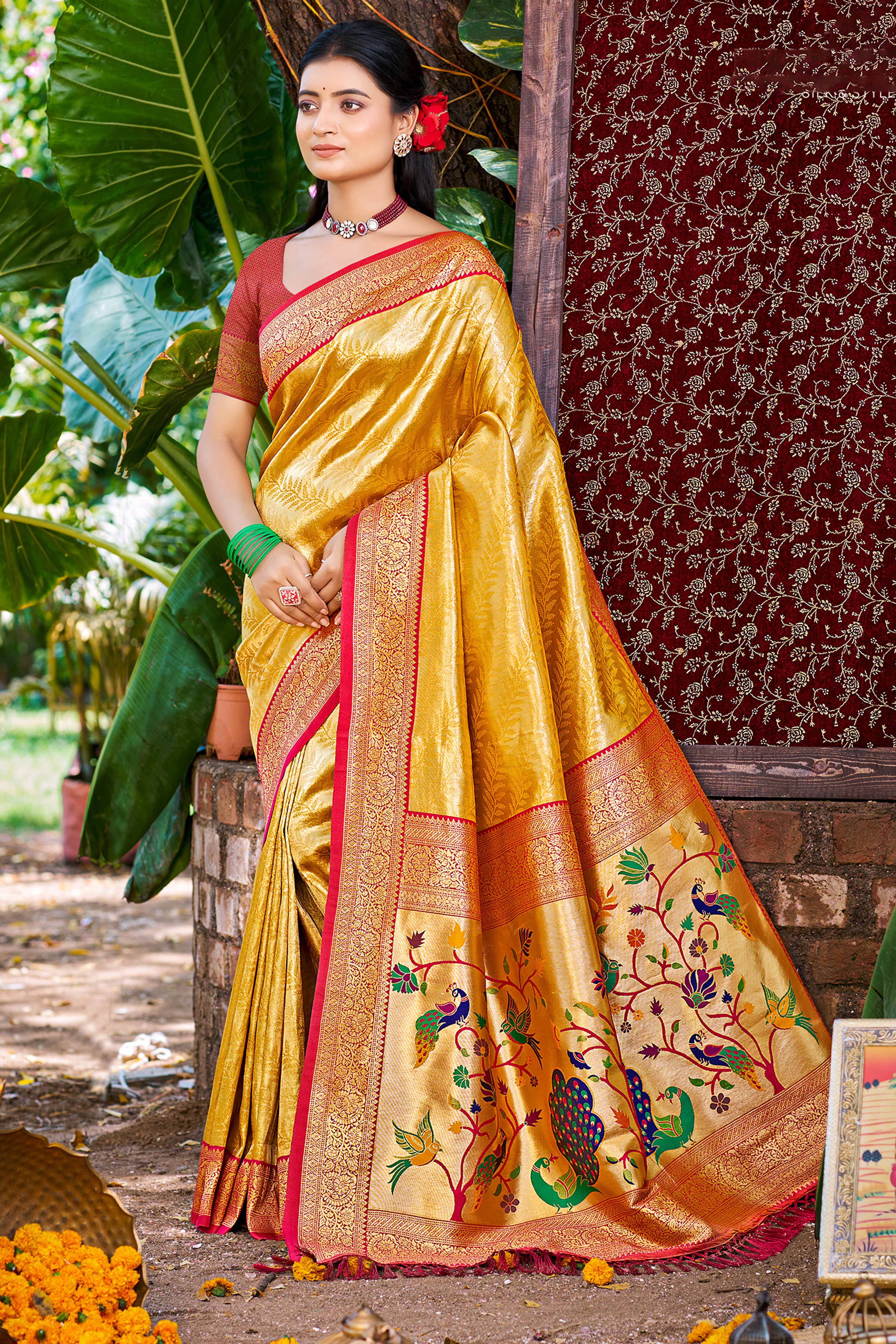 Mustard Kanjivaram Silk Paithani Saree With Exquisite Floral Woven Detailing