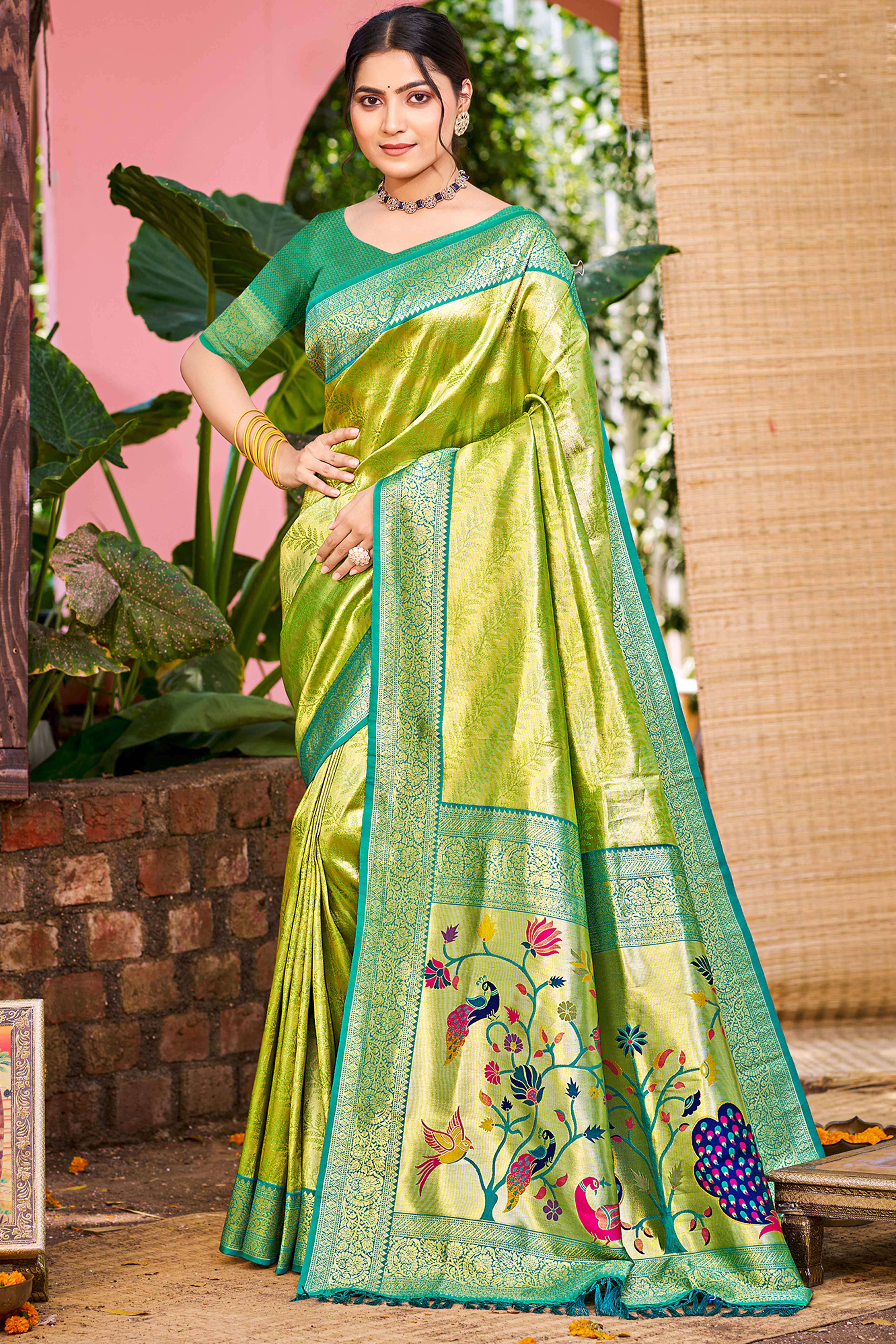 Parrot Green Kanjivaram Silk Paithani Saree With Exquisite Floral Woven Detailing