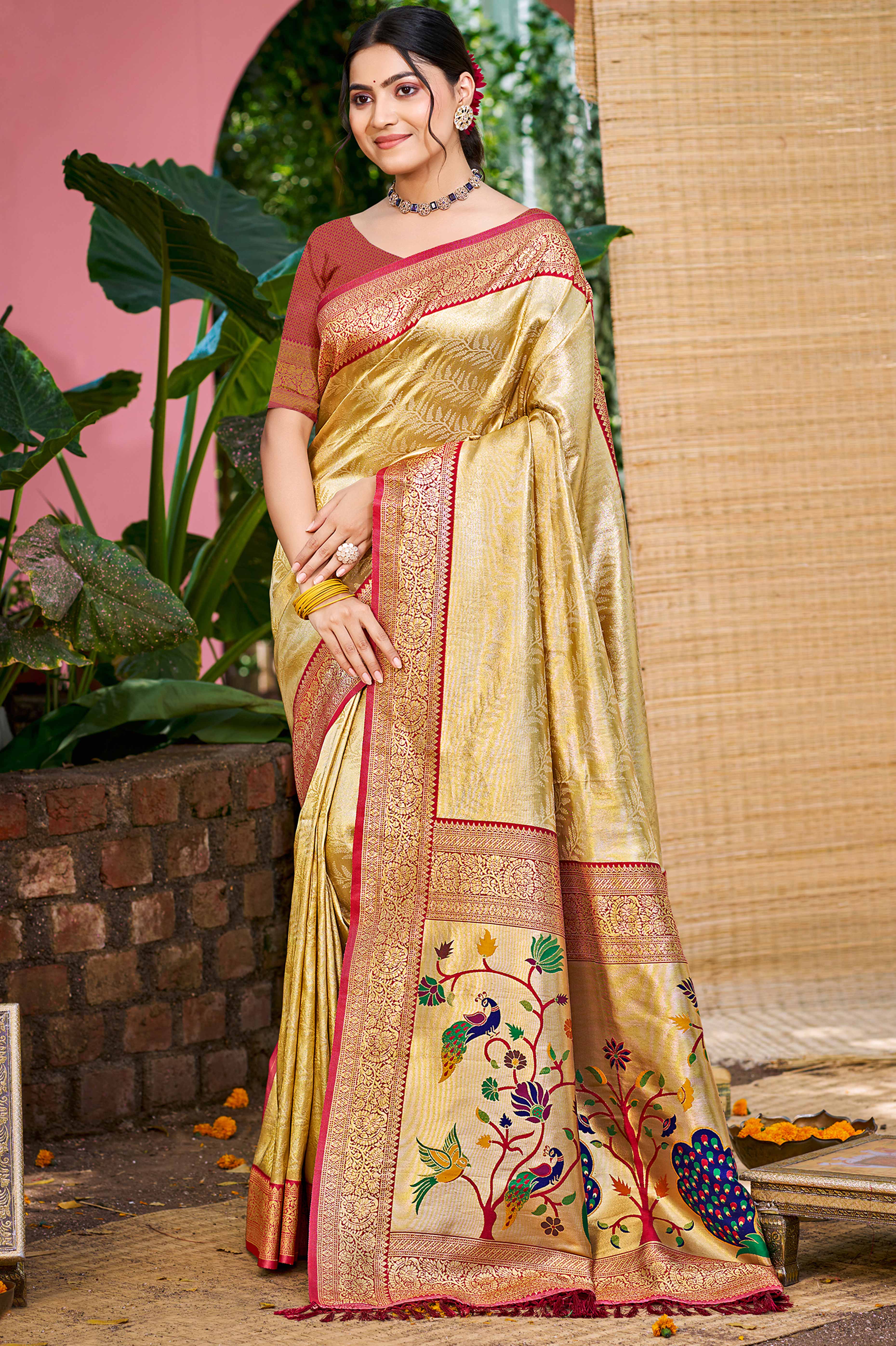 Golden  Kanjivaram Silk Paithani Saree With Exquisite Floral Woven Detailing