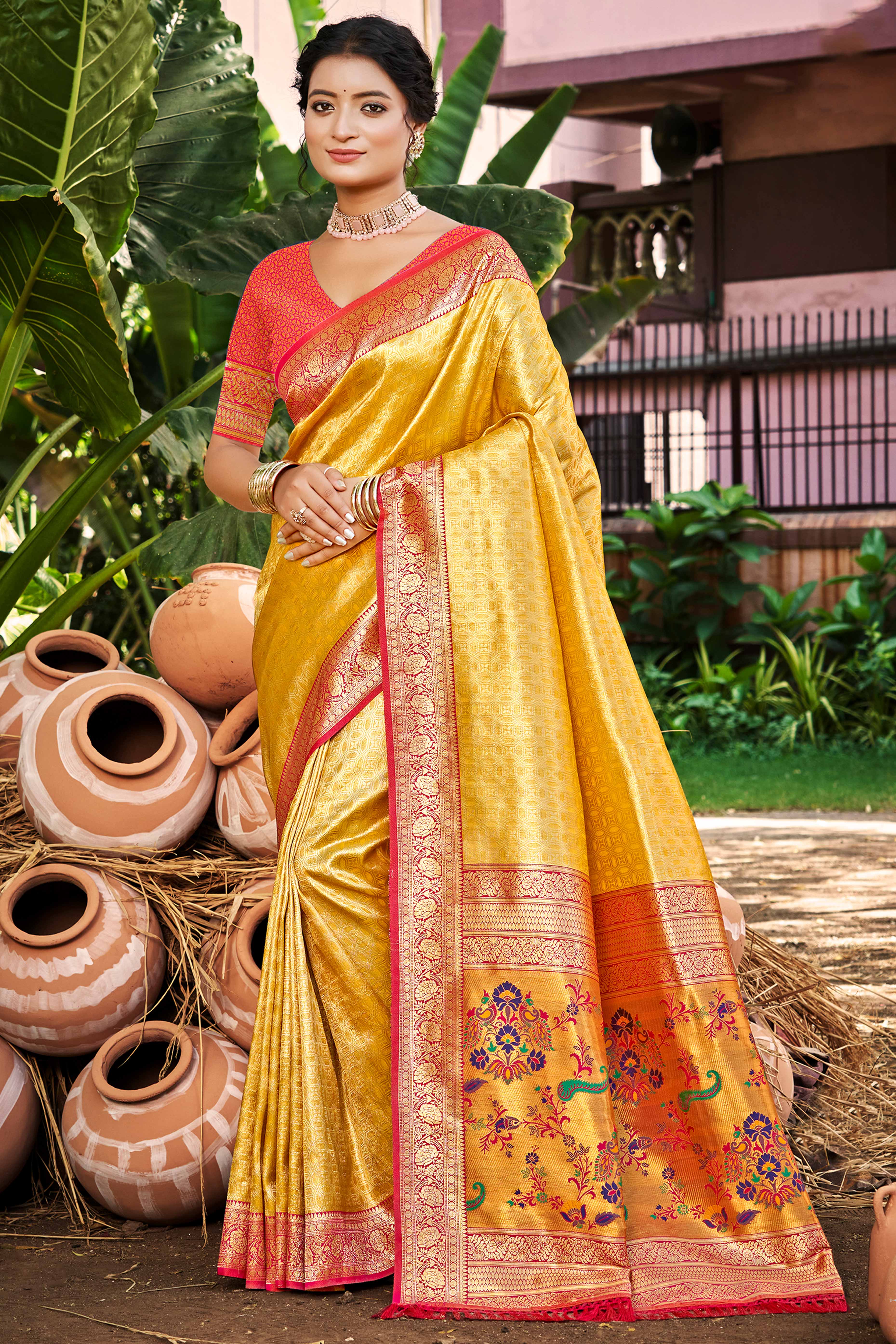 Mustard Paithani Saree In Kanjivaram Silk Adorned With Intricate Floral Weaving