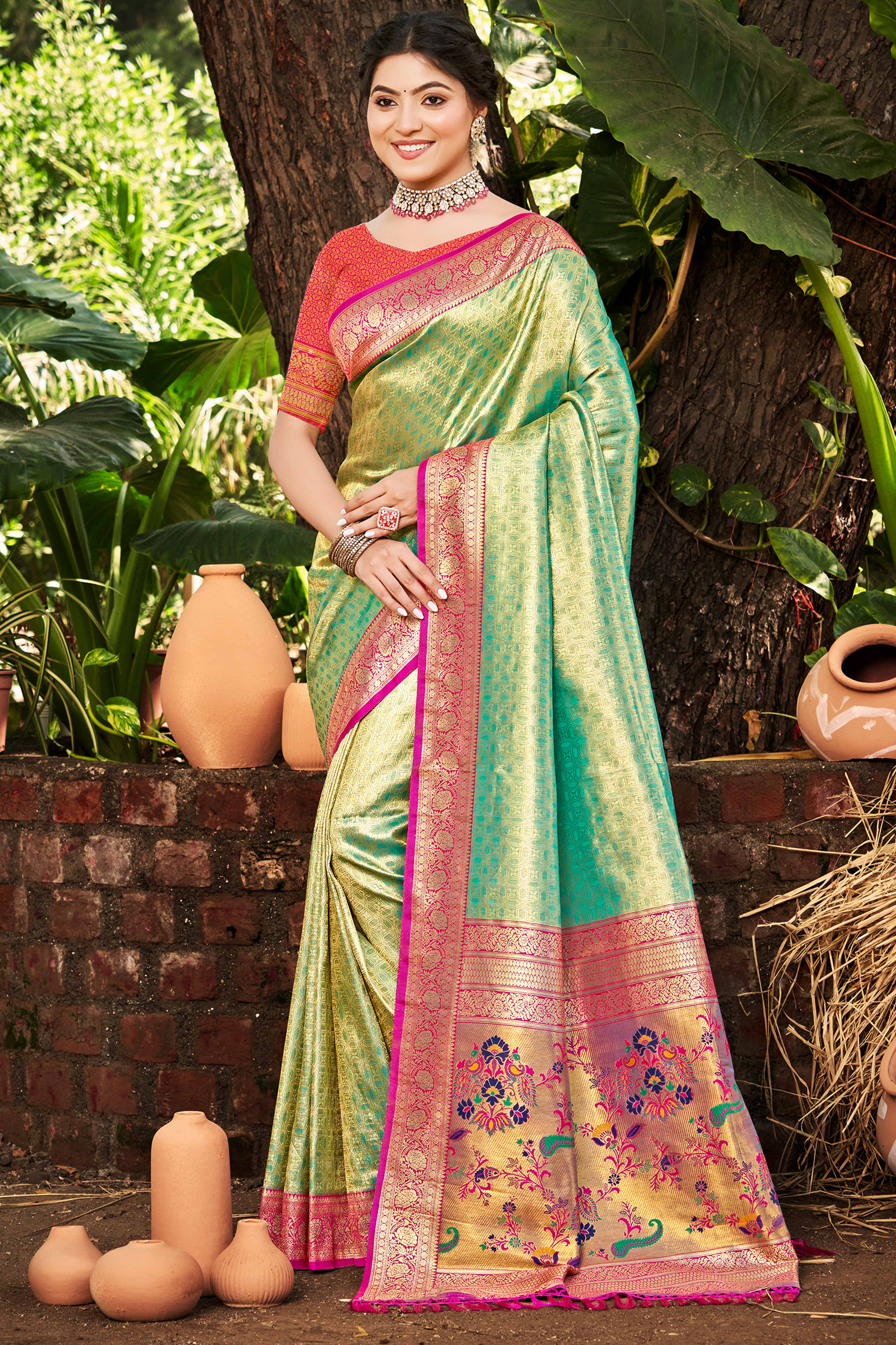 Rama Green Paithani Saree In Kanjivaram Silk Adorned With Intricate Floral Weaving