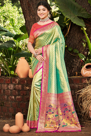 Rama Green Paithani Saree In Kanjivaram Silk Adorned With Intricate Floral Weaving