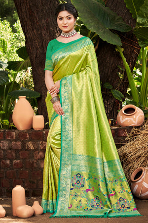 Green Paithani Saree In Kanjivaram Silk Adorned With Intricate Floral Weaving