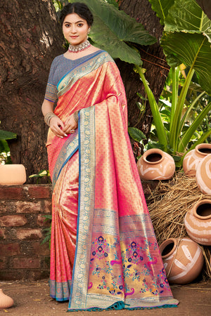 Gajari Pink Paithani Saree In Kanjivaram Silk Adorned With Intricate Floral Weaving