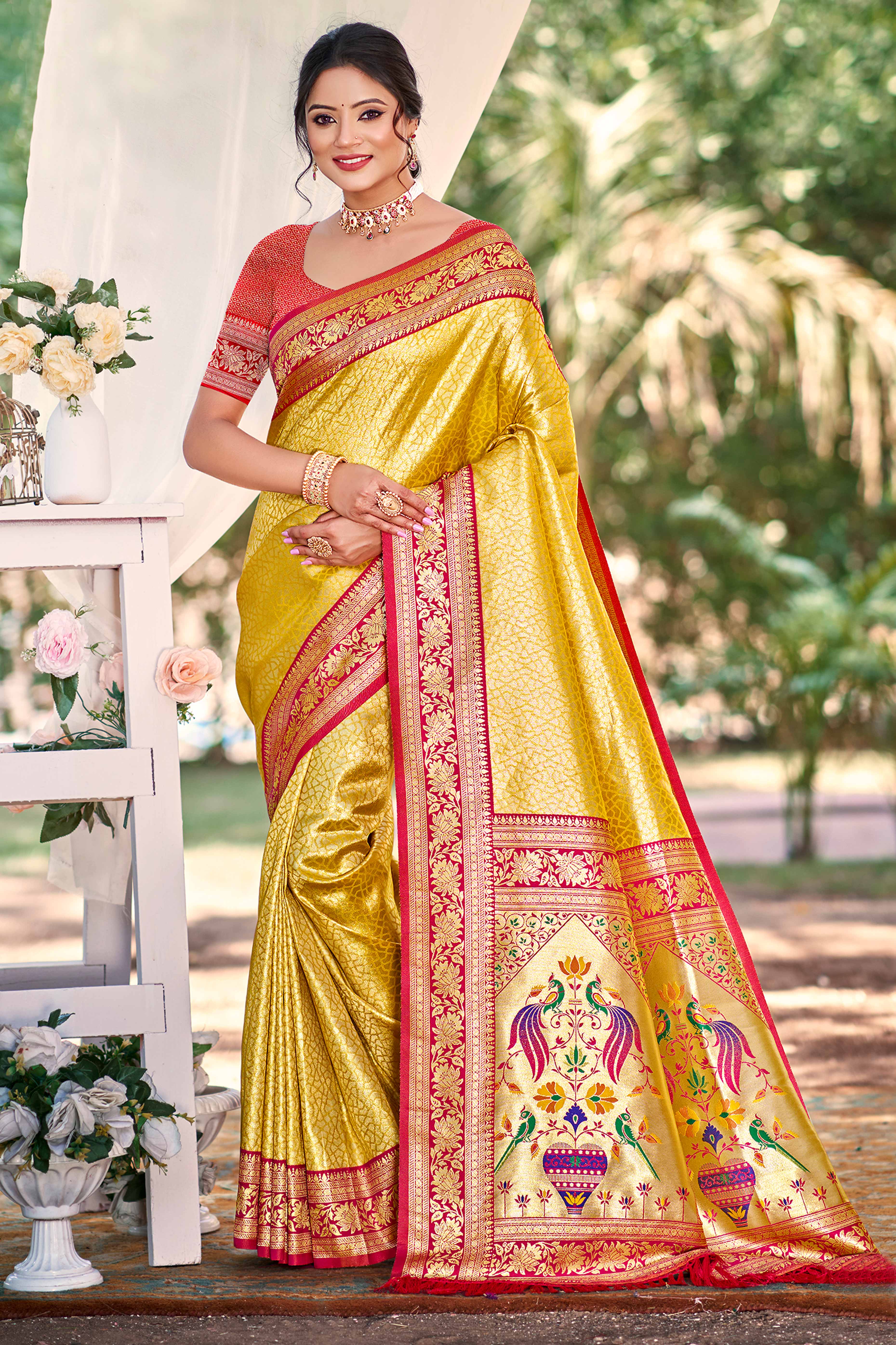 Mustard Kanjivaram Silk Paithani Saree With Elegant Floral Weaving & Tassel Pallu