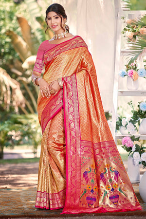 Orange Kanjivaram Silk Paithani Saree With Elegant Floral Weaving & Tassel Pallu