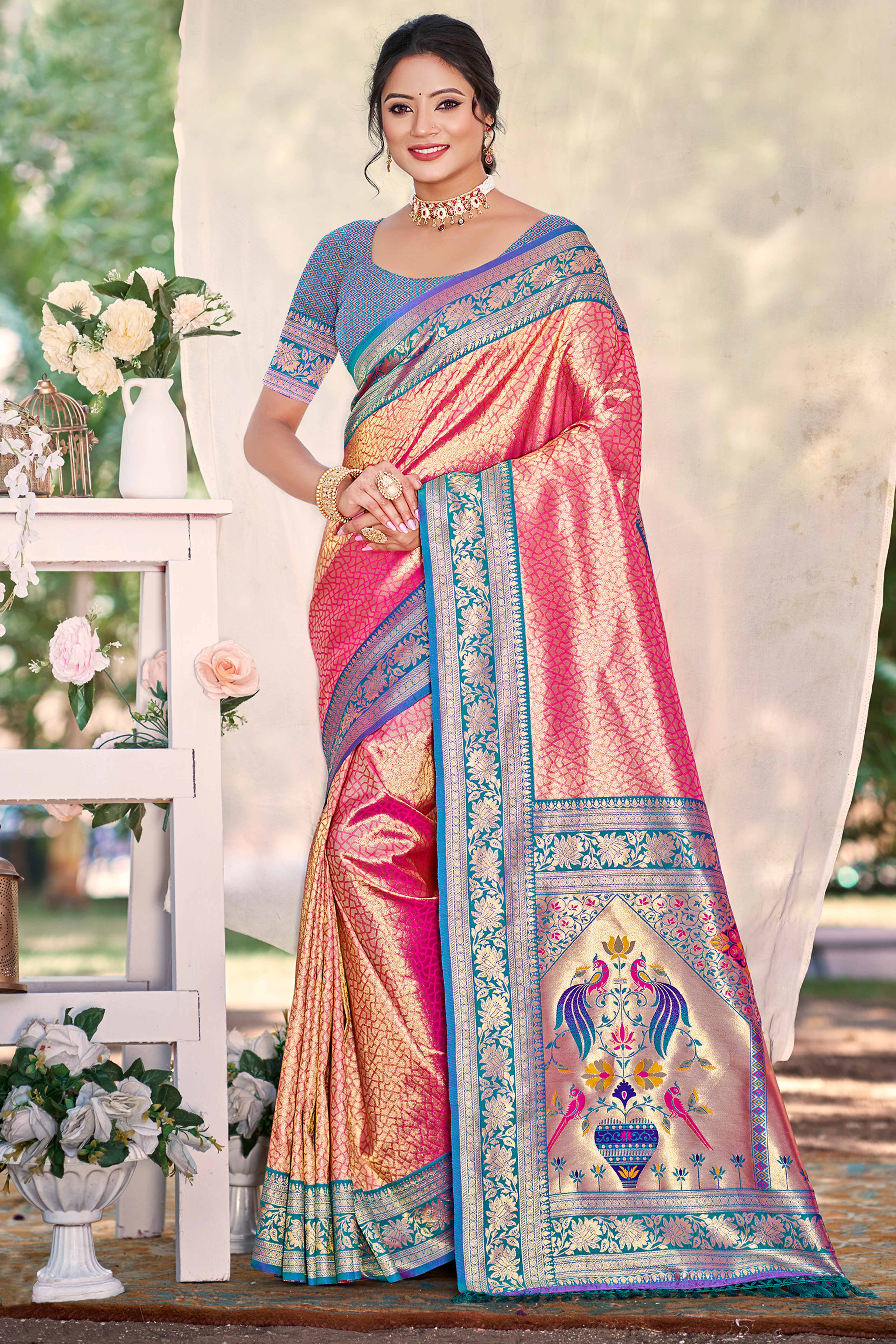 Pink Kanjivaram Silk Paithani Saree With Elegant Floral Weaving & Tassel Pallu