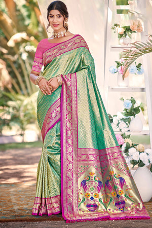 Rama Green Kanjivaram Silk Paithani Saree With Elegant Floral Weaving & Tassel Pallu