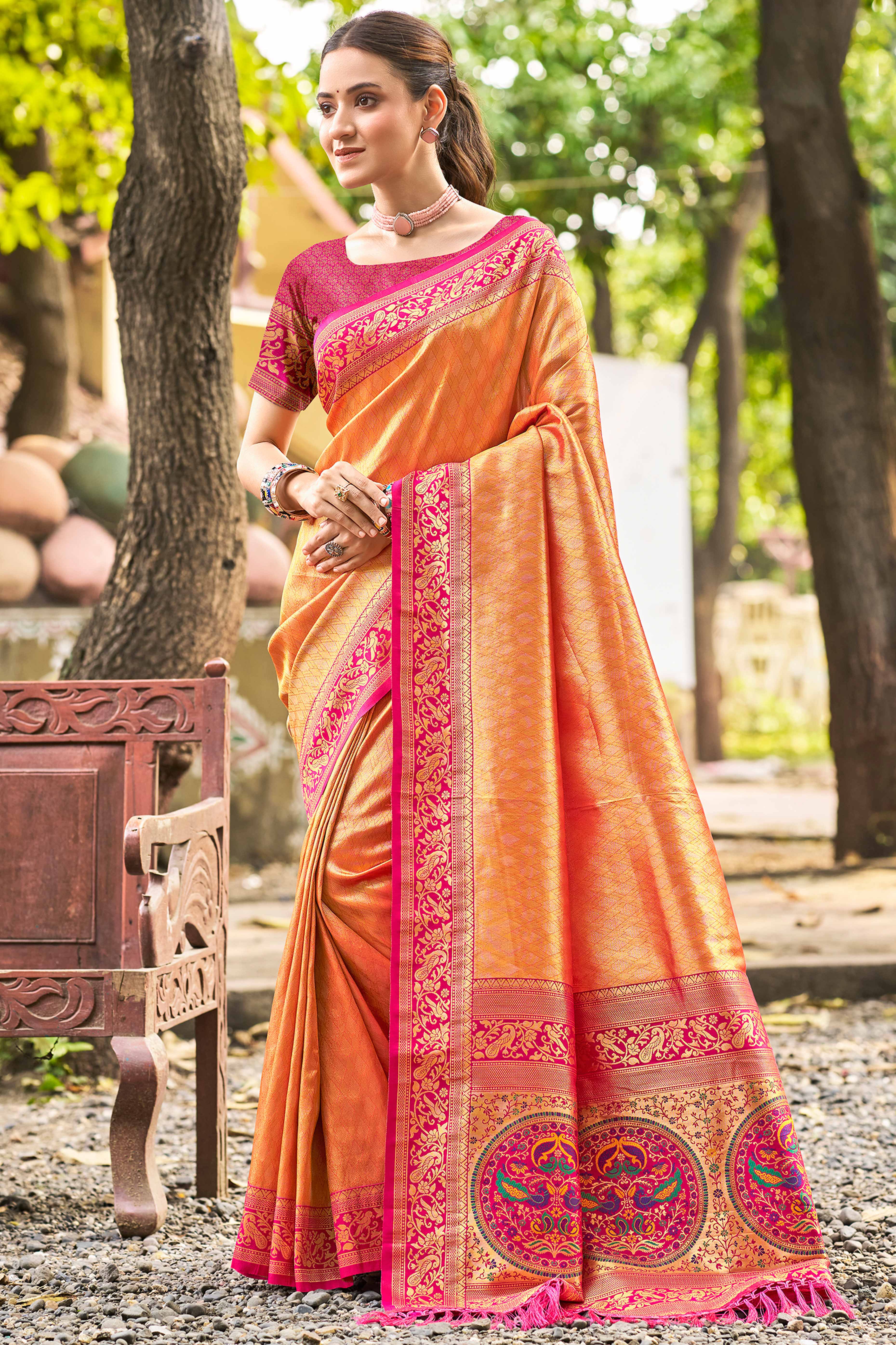 Orange Floral Woven Paithani Saree In Kanjivaram Silk With Graceful Tassel Pallu