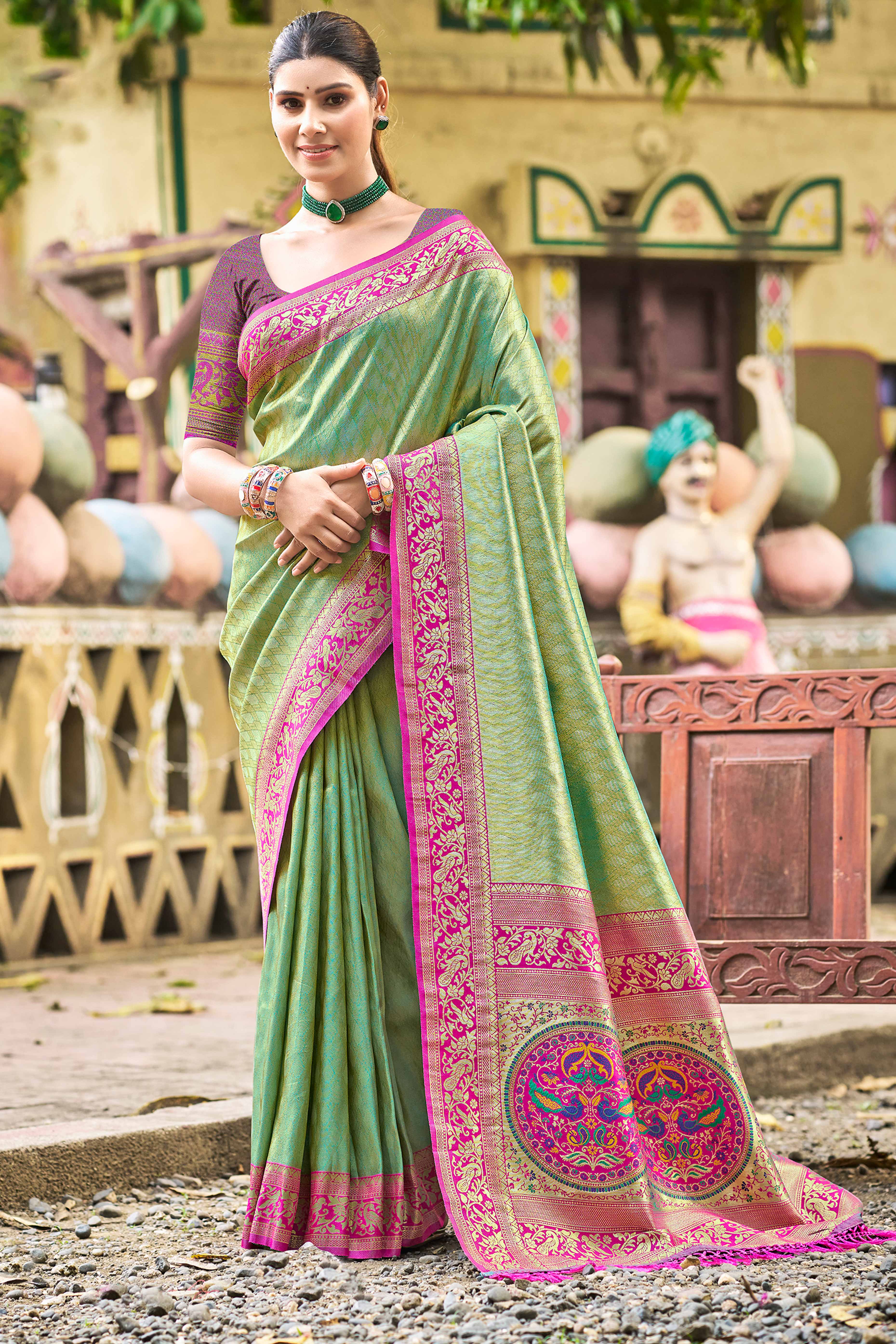 Green Floral Woven Paithani Saree In Kanjivaram Silk With Graceful Tassel Pallu