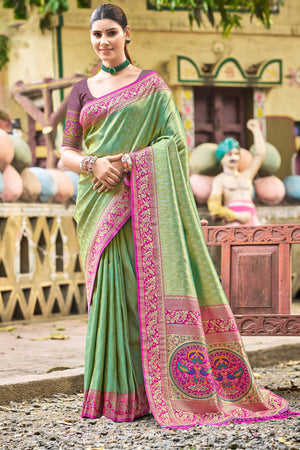 Green Floral Woven Paithani Saree In Kanjivaram Silk With Graceful Tassel Pallu
