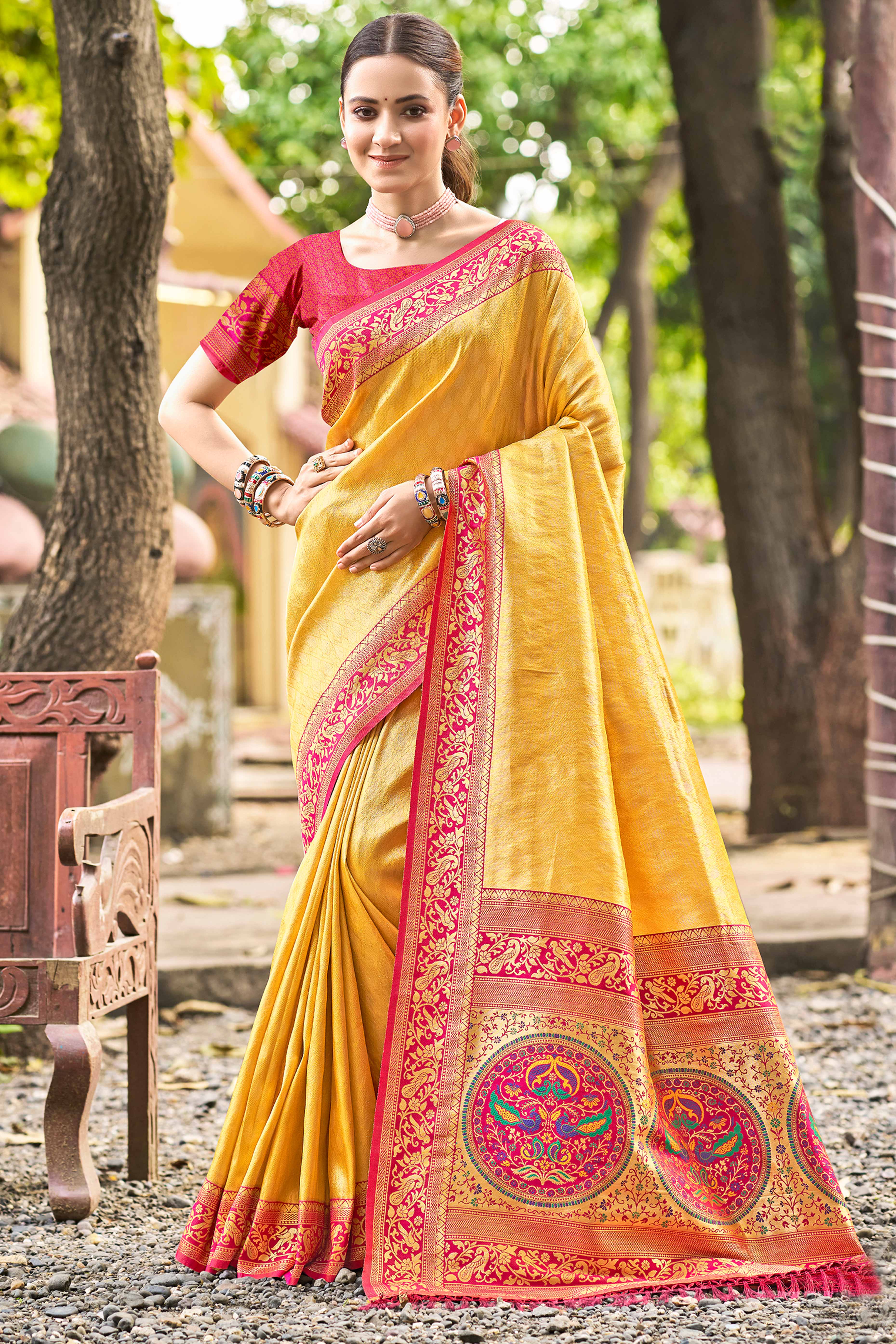 Mustard Floral Woven Paithani Saree In Kanjivaram Silk With Graceful Tassel Pallu
