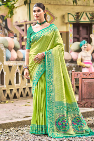 Green Floral Woven Paithani Saree In Kanjivaram Silk With Graceful Tassel Pallu