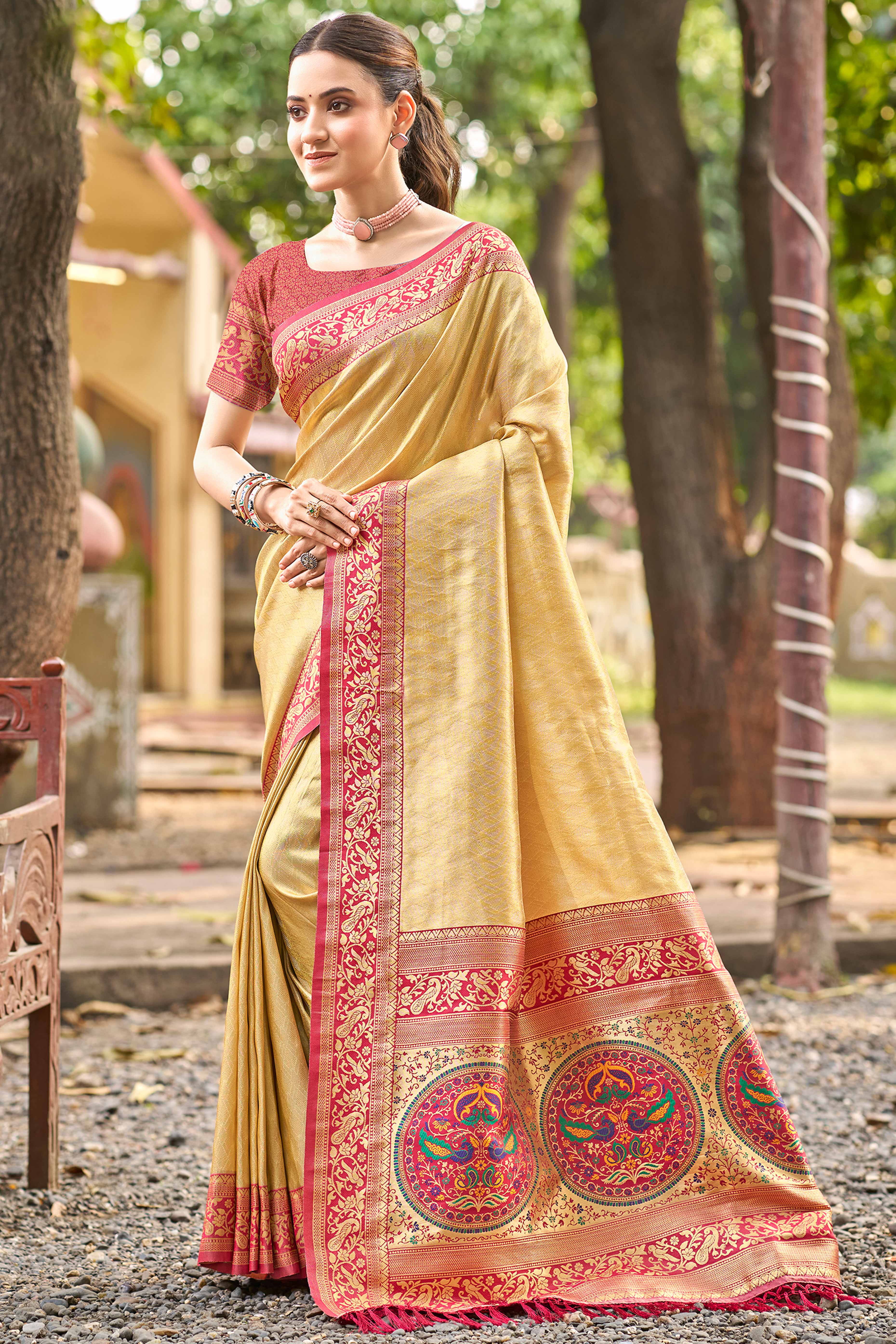 Chikoo Floral Woven Paithani Saree In Kanjivaram Silk With Graceful Tassel Pallu