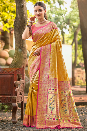 Mustard Paithani Saree In Kanjivaram Silk Featuring Floral Woven Motifs & Tassel Pallu