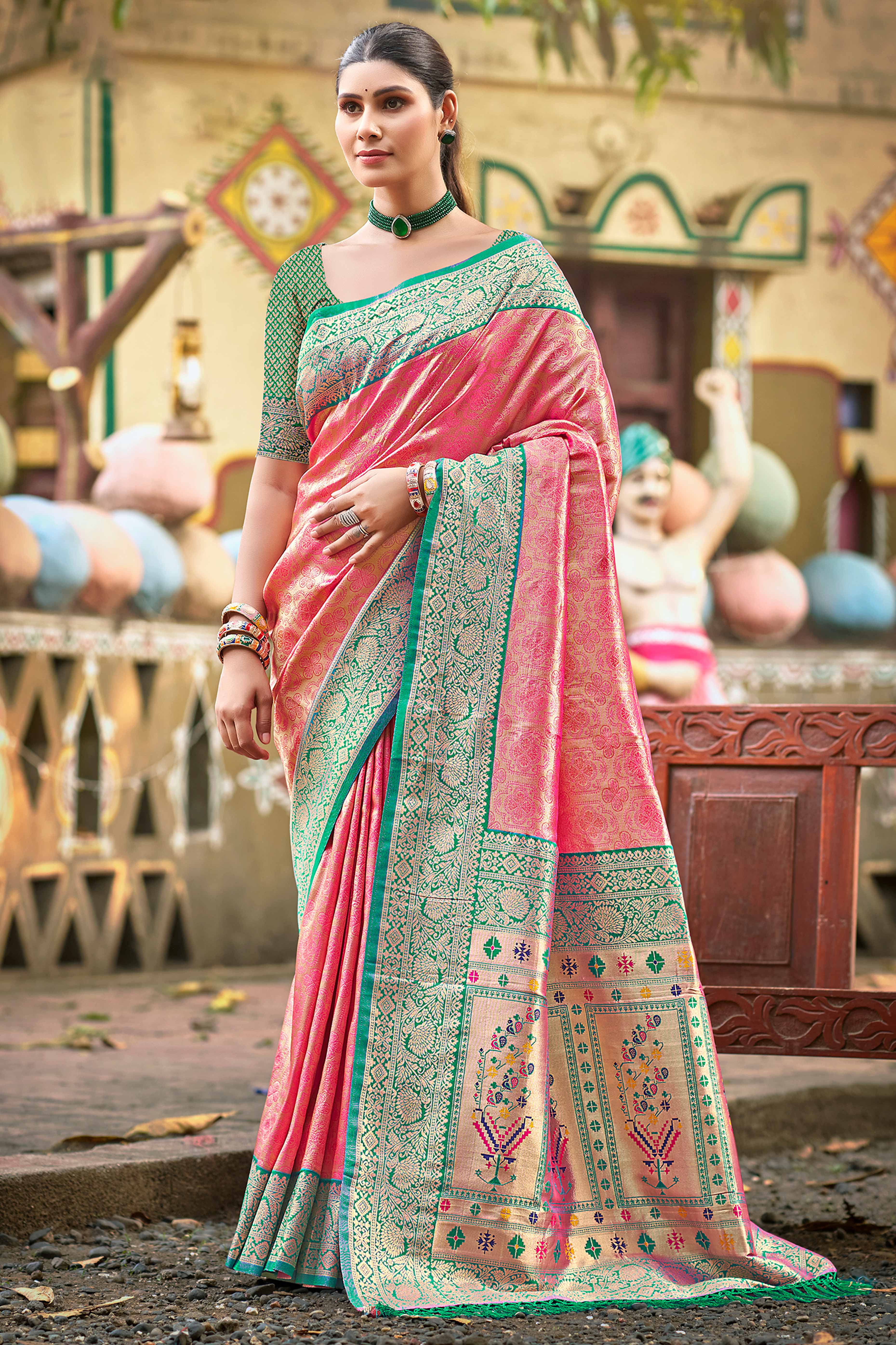 Gajari Pink Paithani Saree In Kanjivaram Silk Featuring Floral Woven Motifs & Tassel Pallu