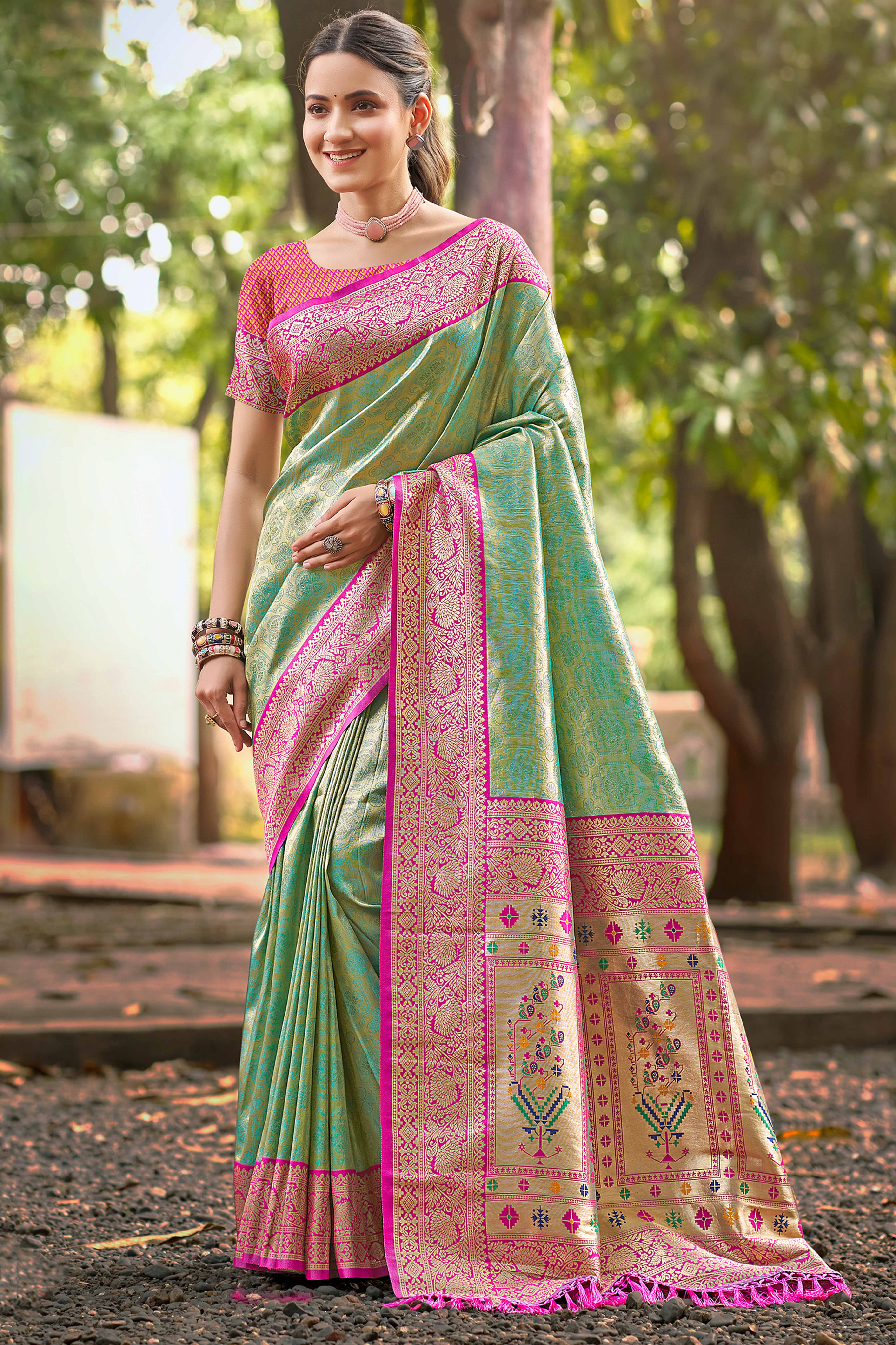 Rama Green Paithani Saree In Kanjivaram Silk Featuring Floral Woven Motifs & Tassel Pallu