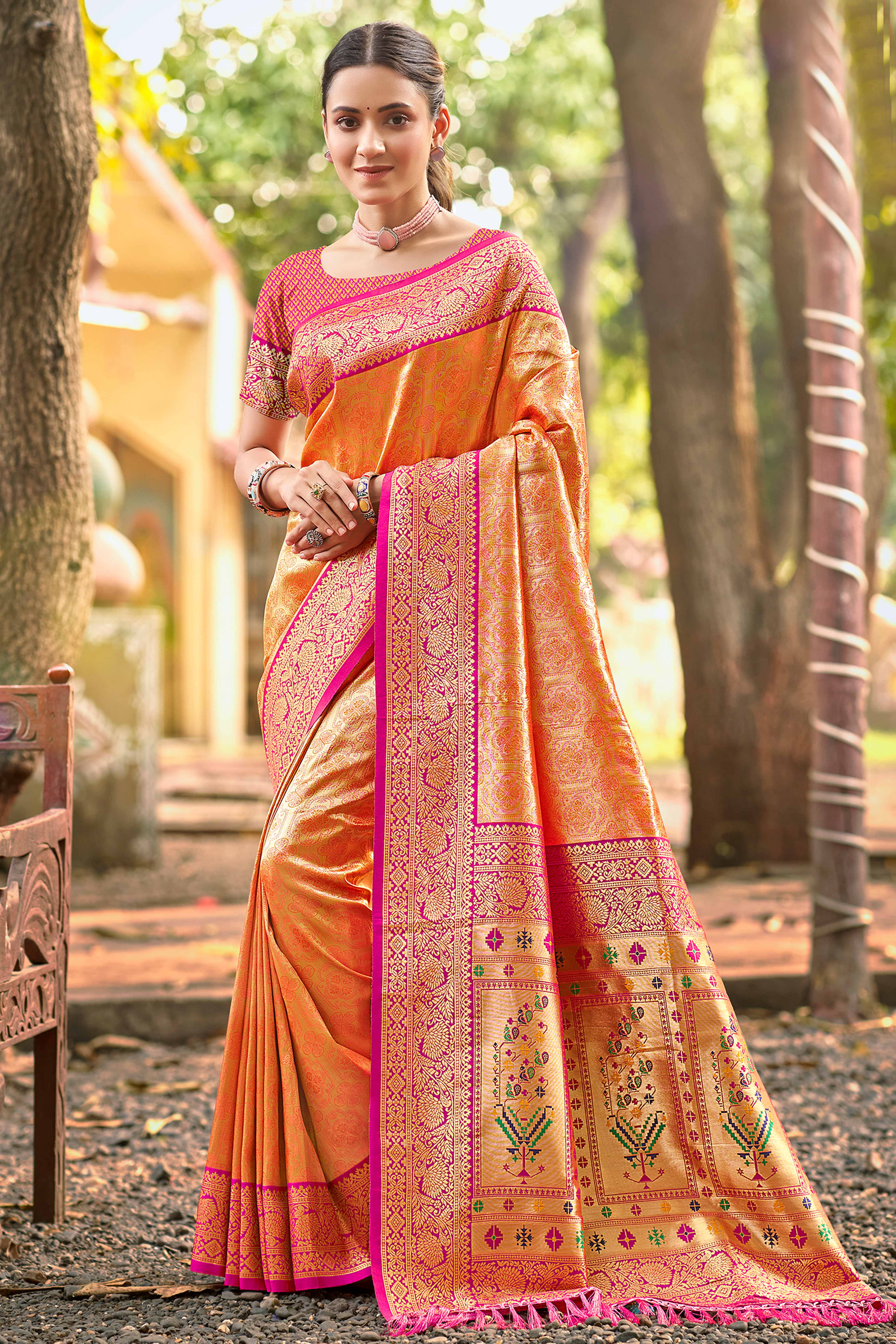 Orange Paithani Saree In Kanjivaram Silk Featuring Floral Woven Motifs & Tassel Pallu