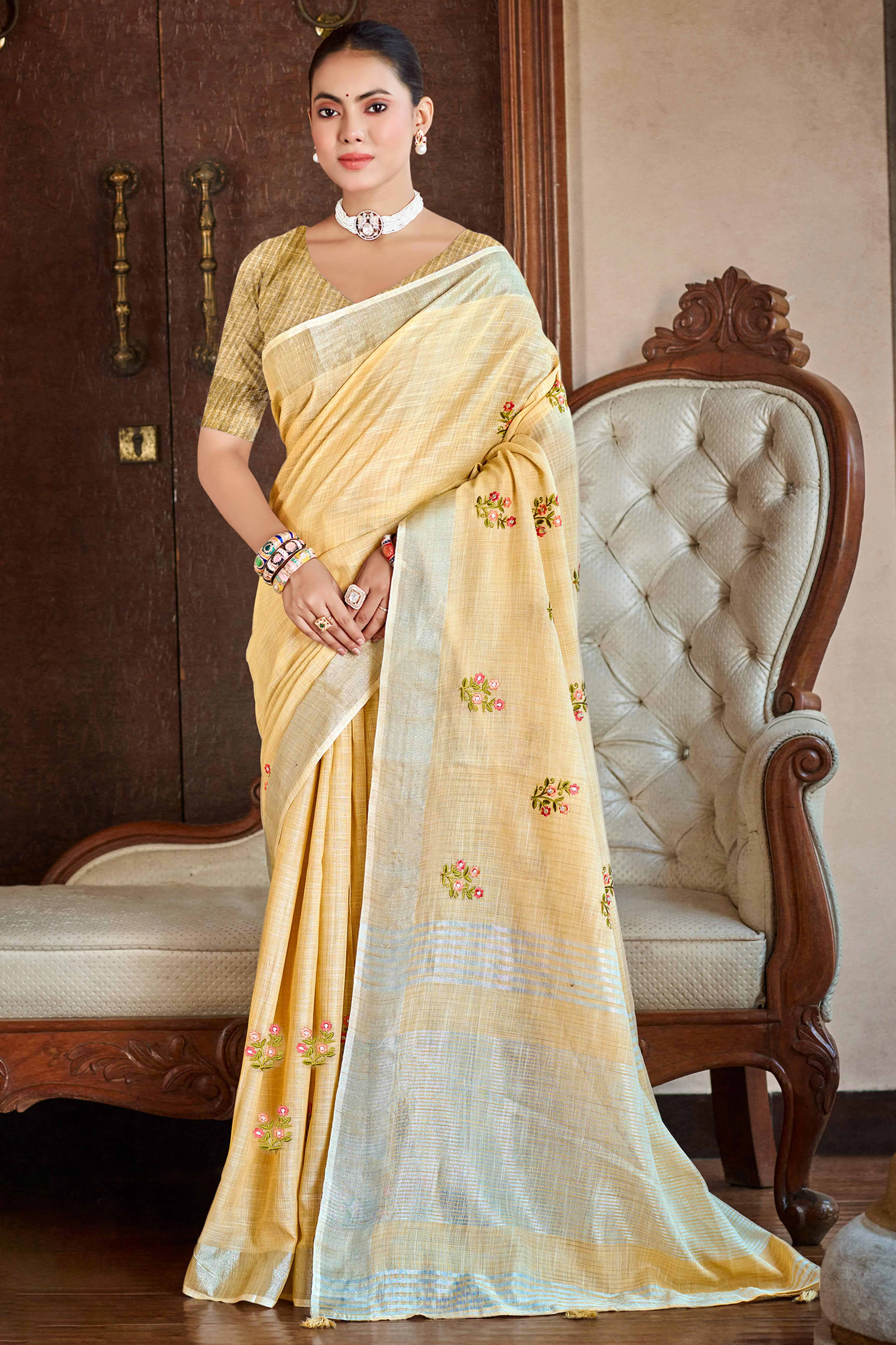Beige Embroidered Linen Saree with Floral Motifs in Woven Fabric