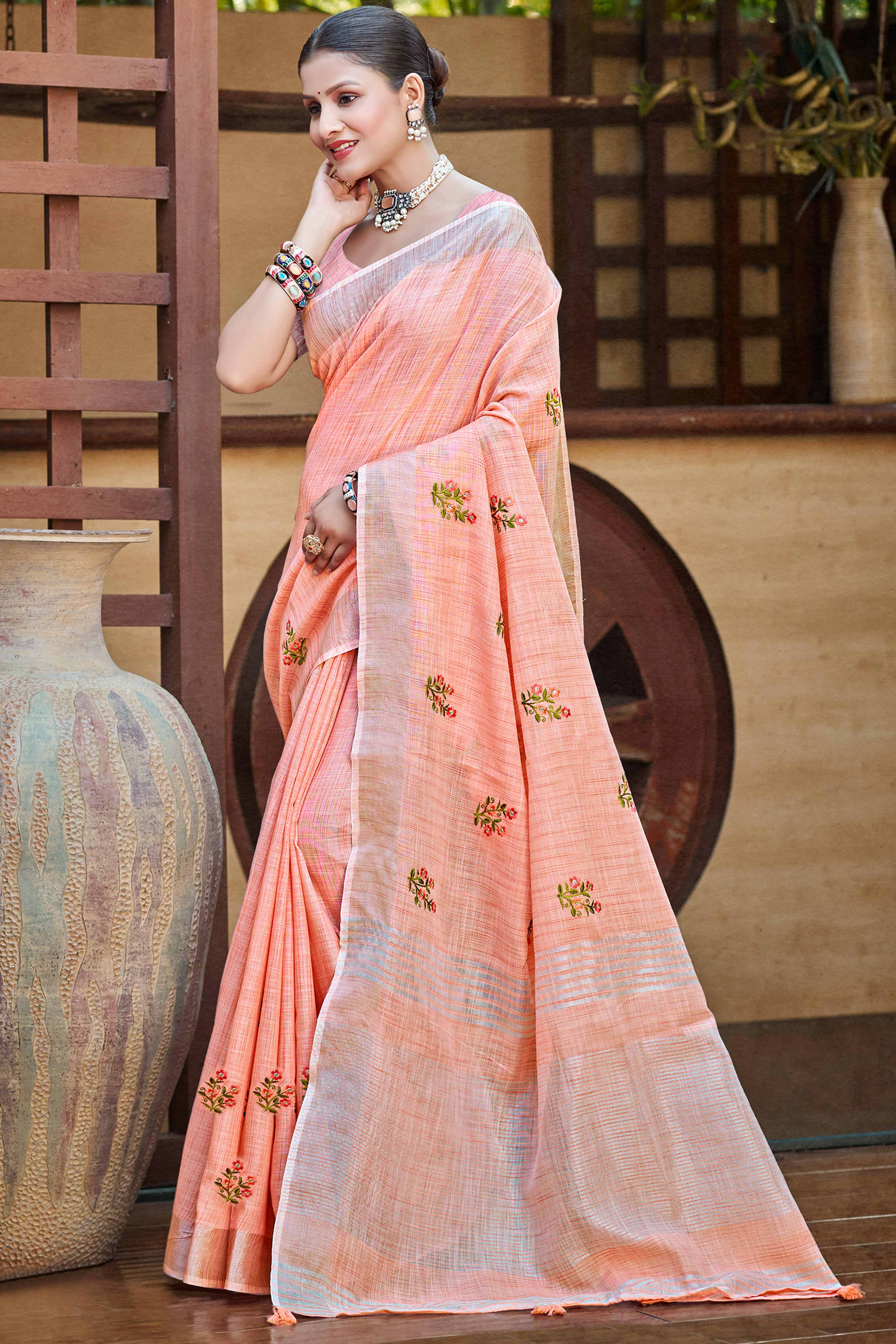 Peach Embroidered Linen Saree with Floral Motifs in Woven Fabric
