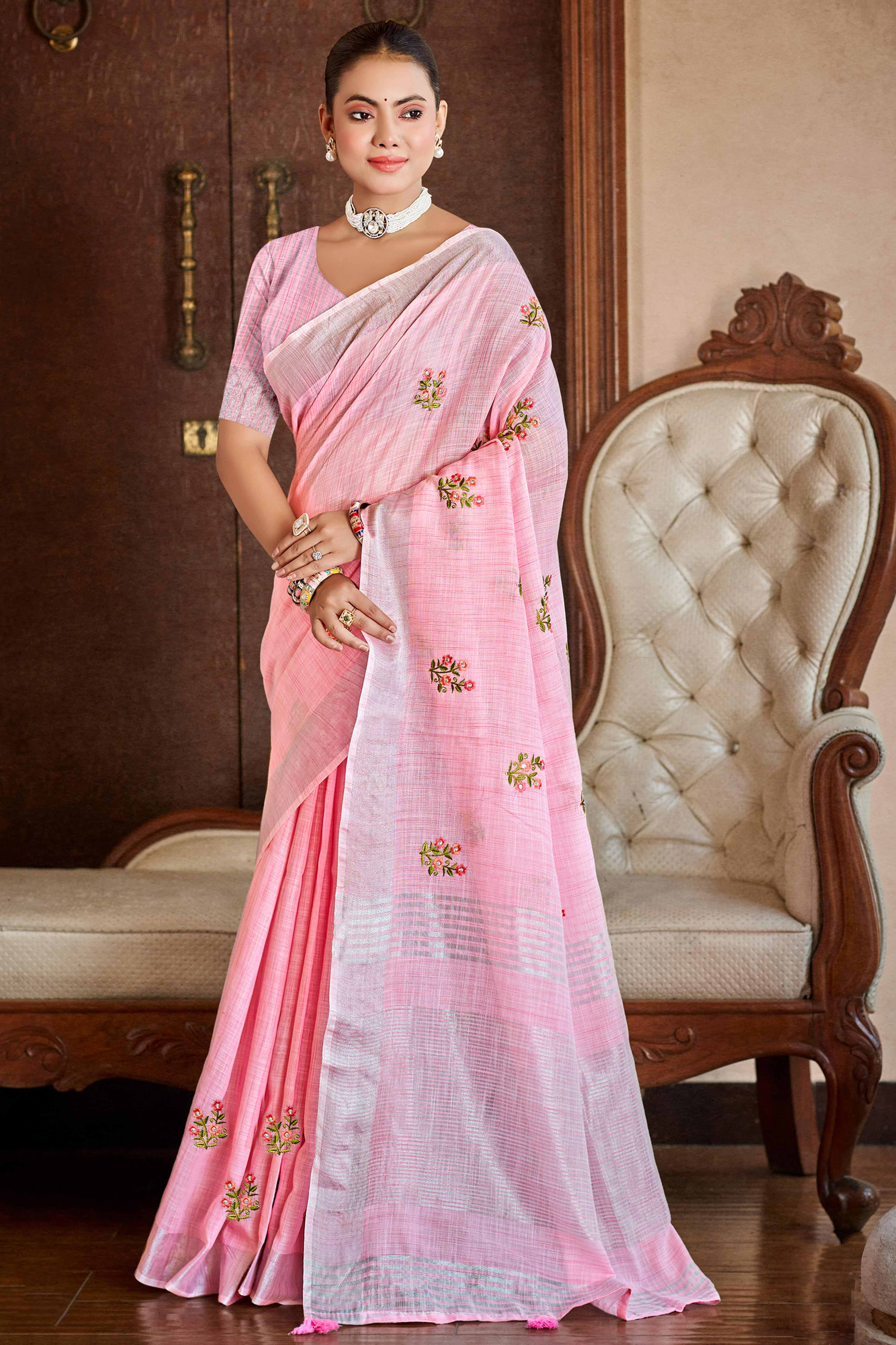 Pink Embroidered Linen Saree with Floral Motifs in Woven Fabric