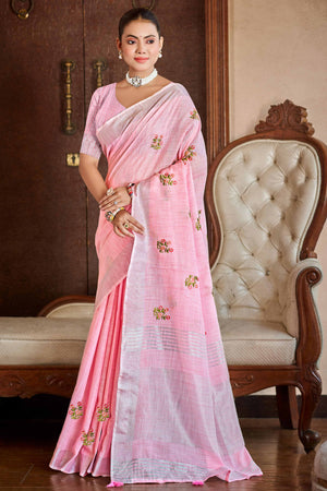 Pink Embroidered Linen Saree with Floral Motifs in Woven Fabric