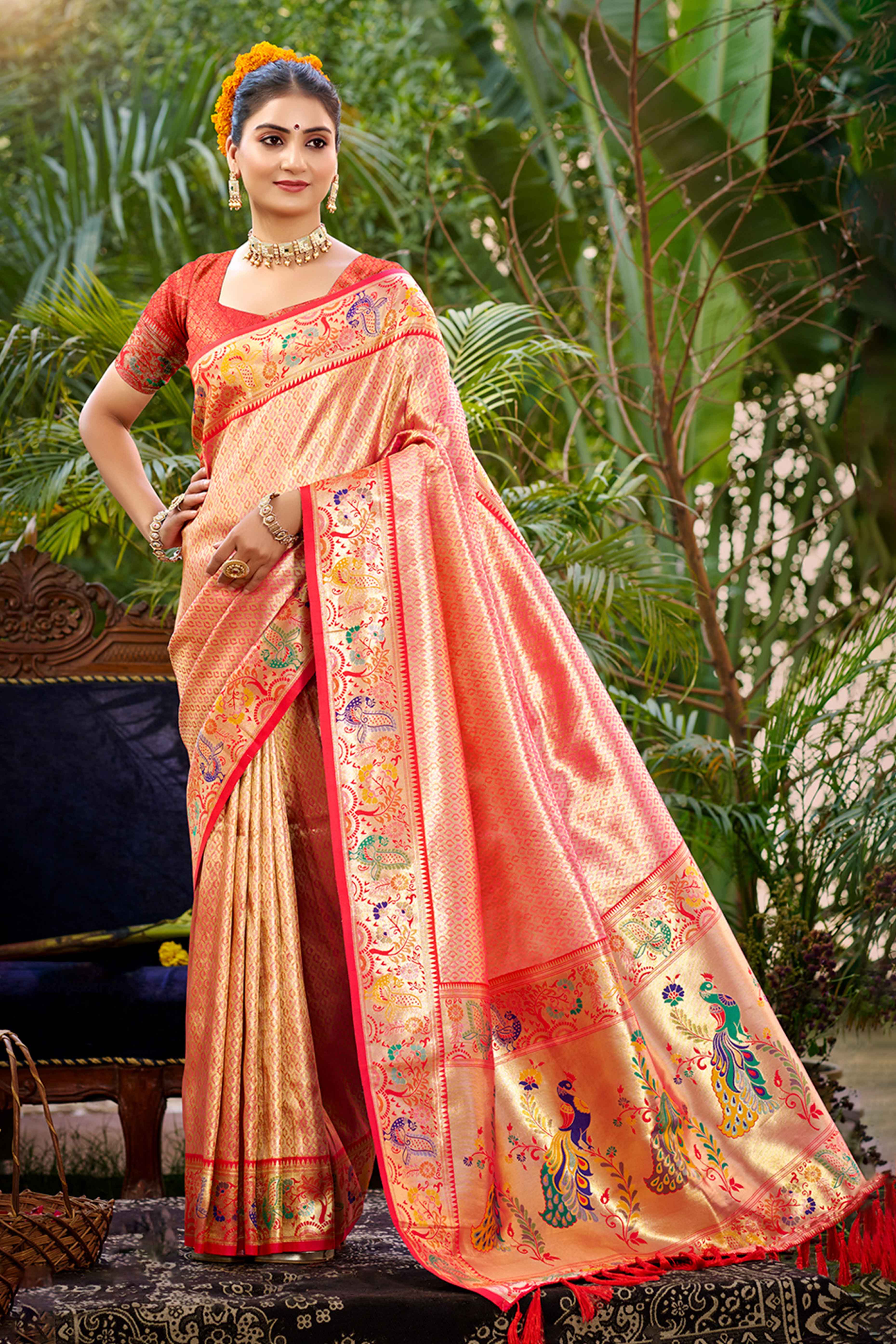 Graceful Pink Silk Blend Saree Adorned With Intricate Zari Weave & Peacock Motif Pallu