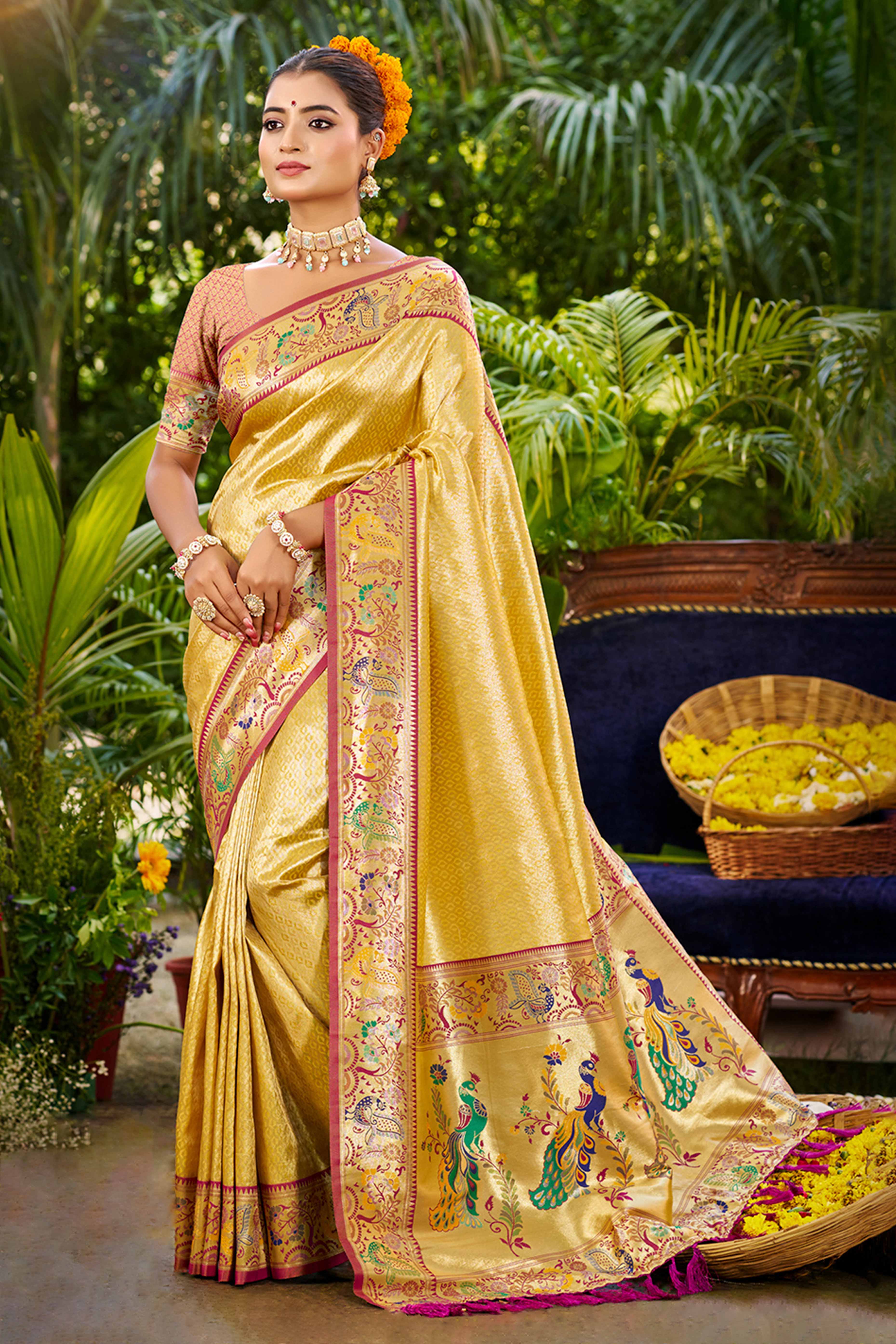 Graceful Yellow Silk Blend Saree Adorned With Intricate Zari Weave & Peacock Motif Pallu