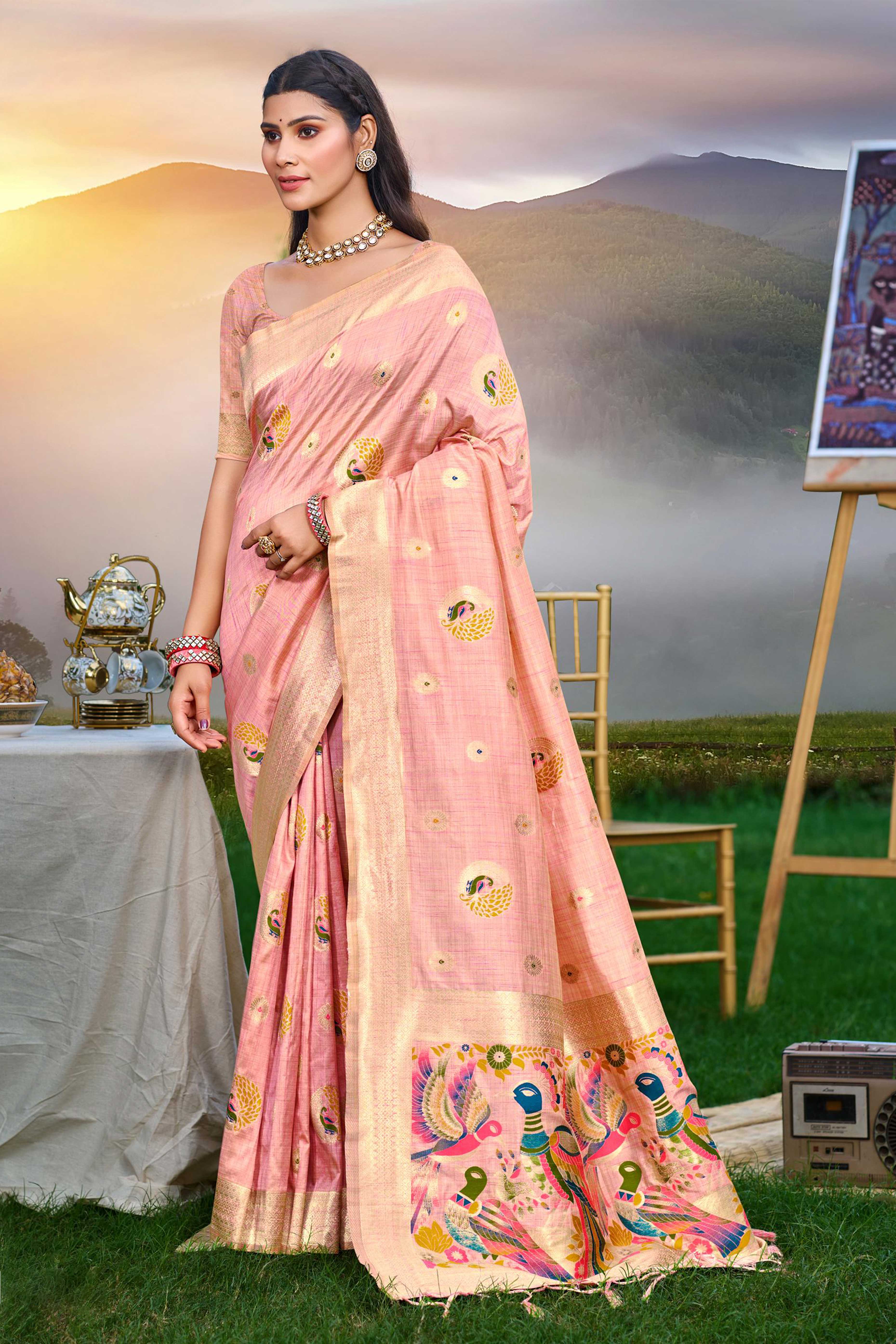Designer Peach Assam Silk Blend Saree Adorned With Peacock Zari Weaving & Tassel Pallu
