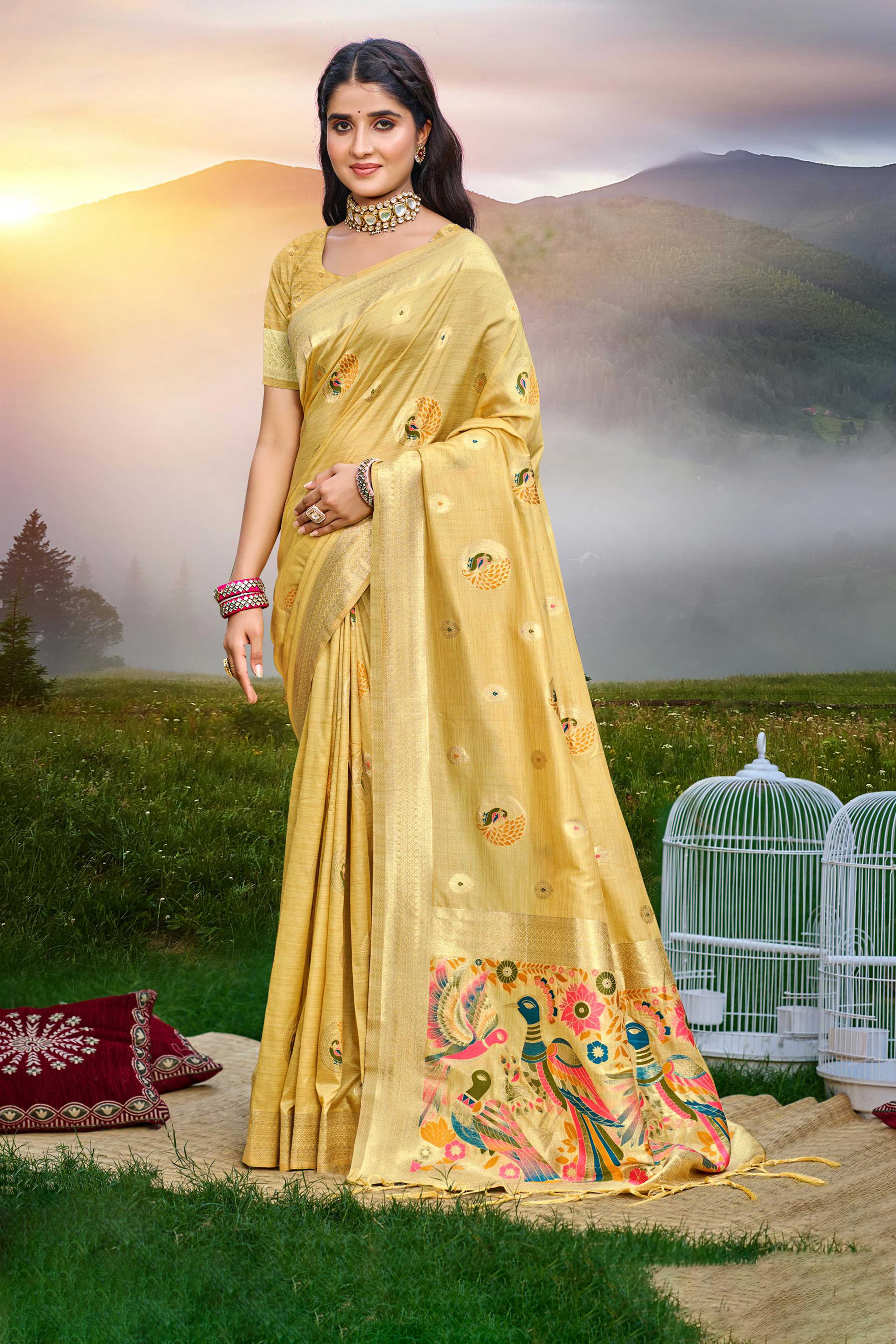 Designer Mustard Assam Silk Blend Saree Adorned With Peacock Zari Weaving & Tassel Pallu