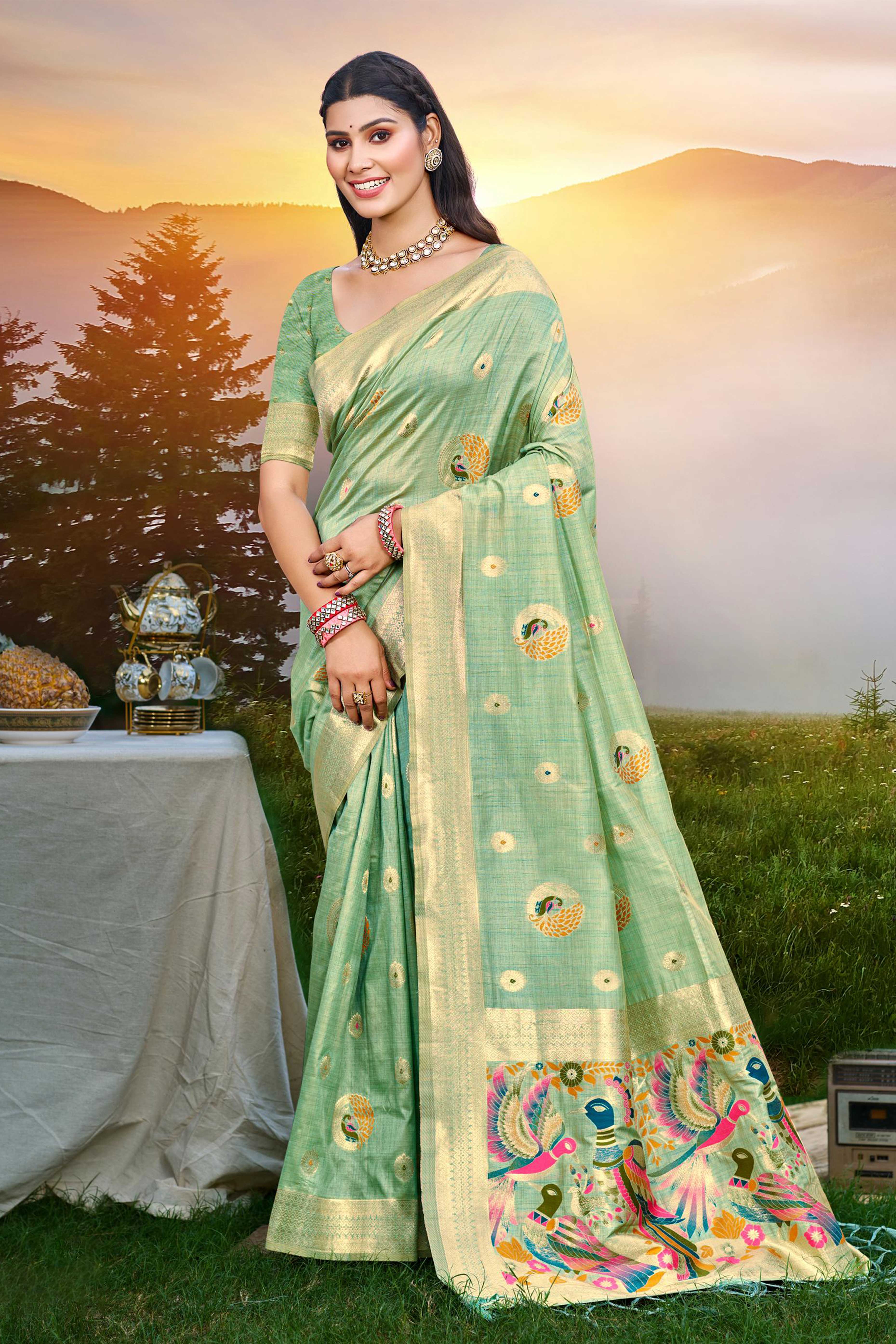 Designer Sea Green Assam Silk Blend Saree Adorned With Peacock Zari Weaving & Tassel Pallu