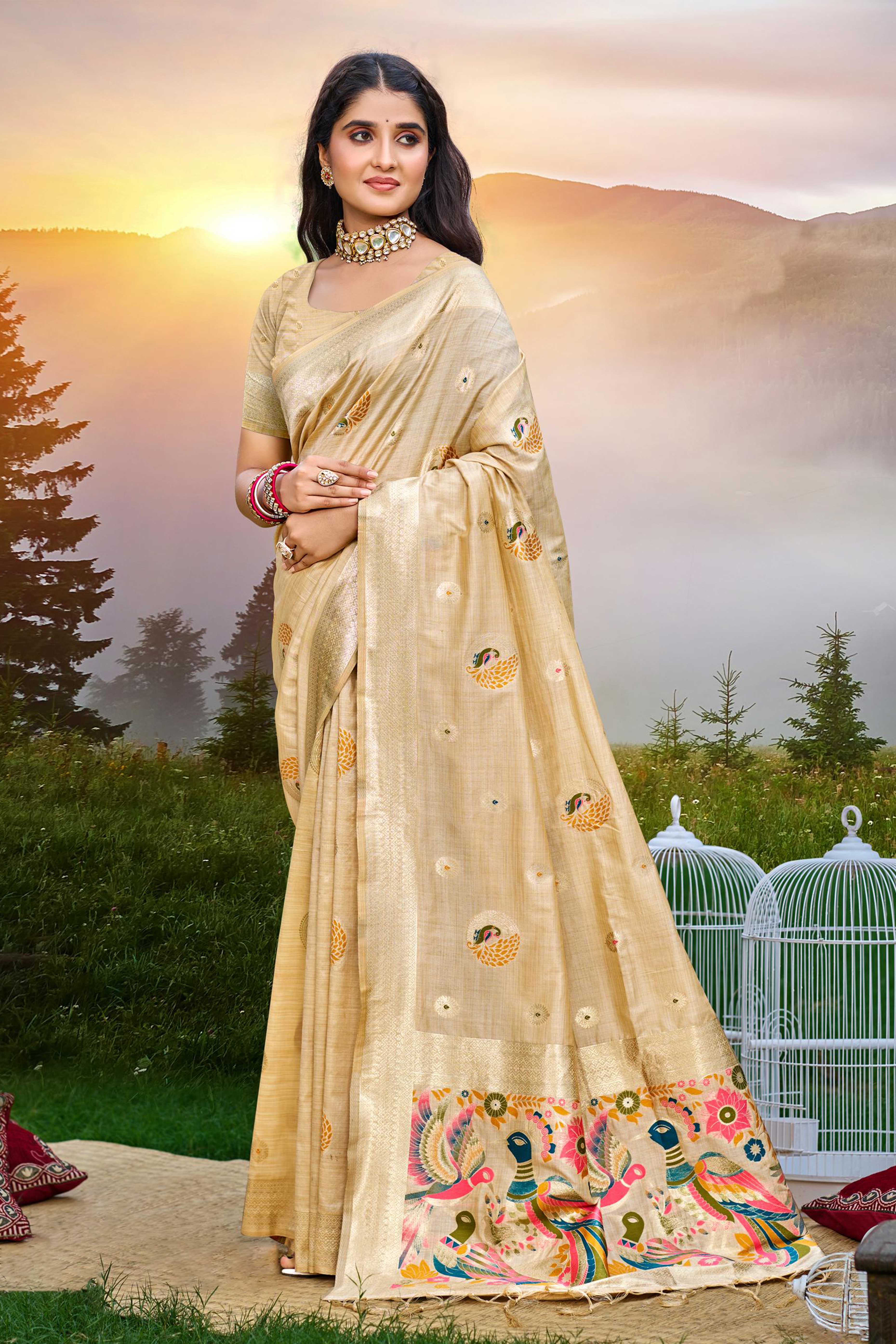 Designer Cream Assam Silk Blend Saree Adorned With Peacock Zari Weaving & Tassel Pallu