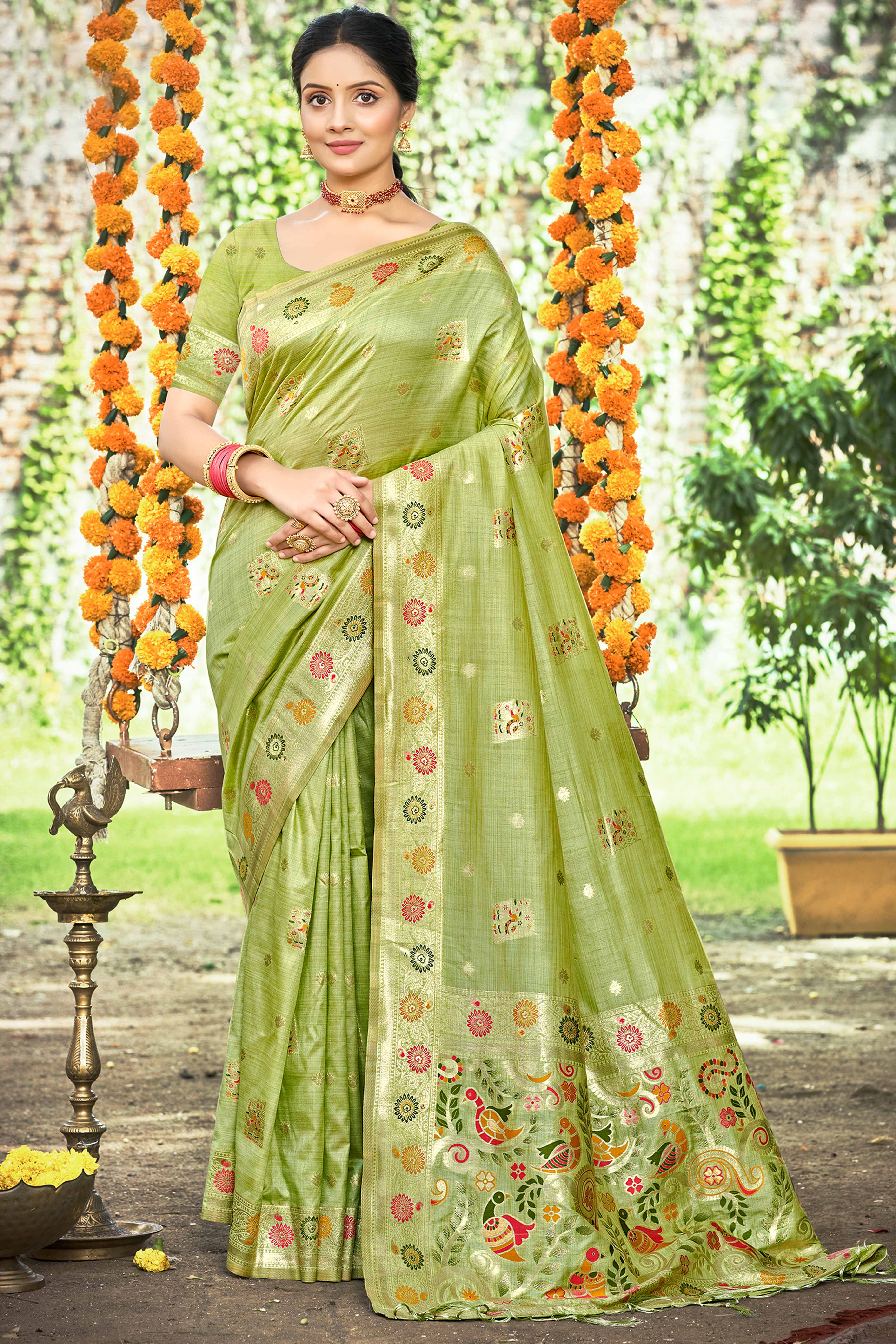 Green Assam Silk Blend Saree Featuring Intricate Floral Zari Weaving With Tassel Pallu